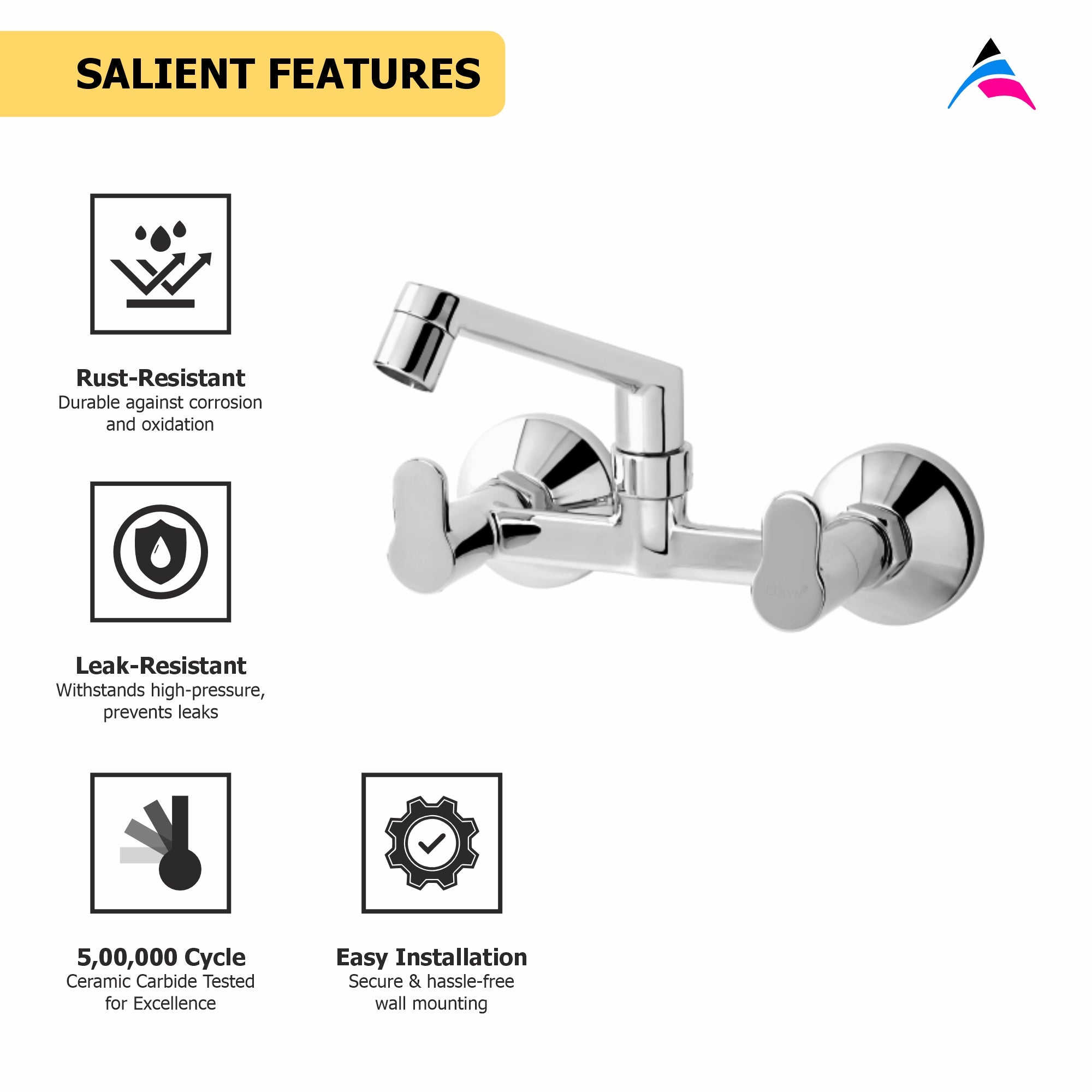 Asiatique Sink Mixer With Swivel Casted Spout  Wall Mounted (P-012),Perlato Series Premium Faucets & Mixers