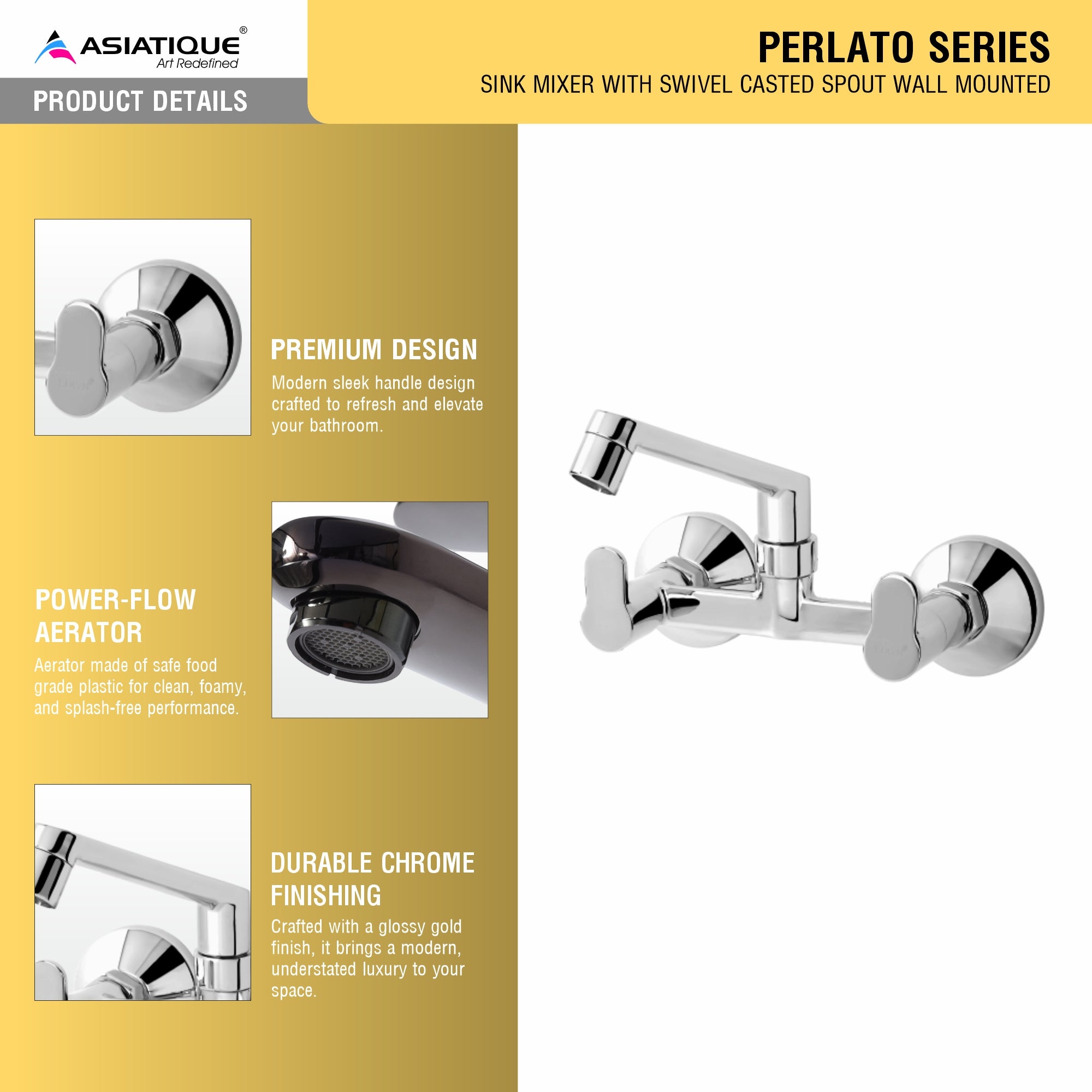 Asiatique Sink Mixer With Swivel Casted Spout  Wall Mounted (P-012),Perlato Series Premium Faucets & Mixers