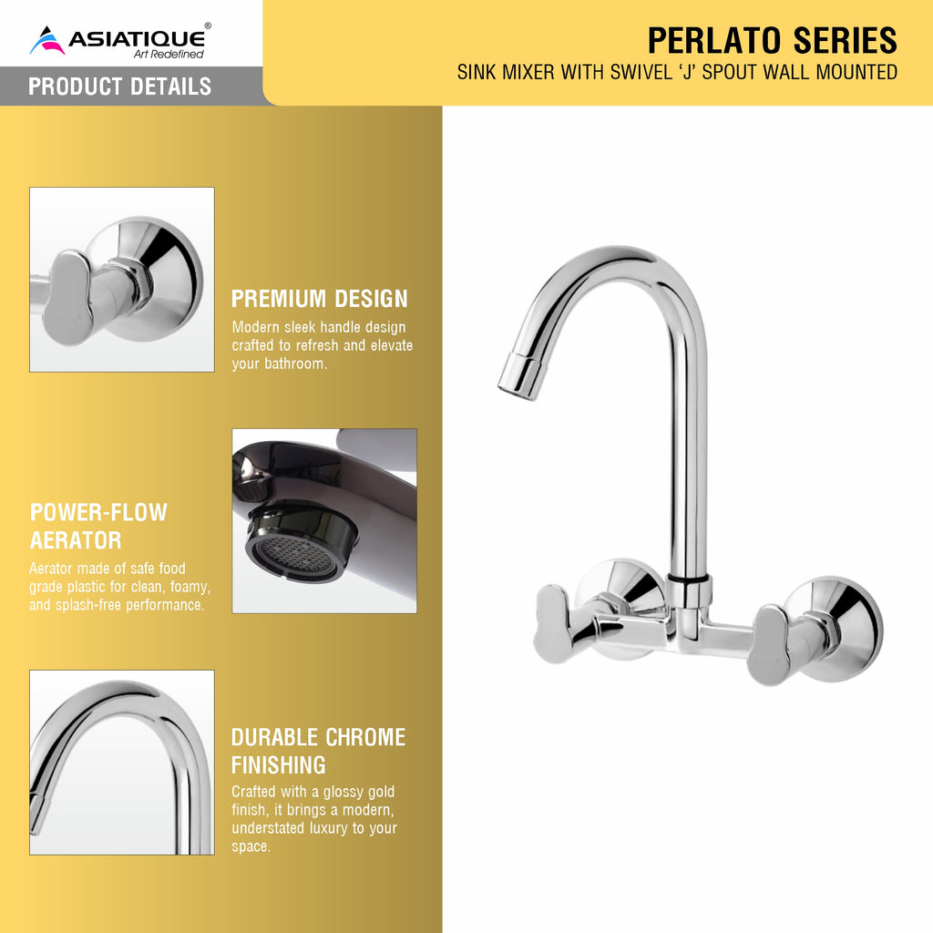 Asiatique Sink Mixer With Extended Swivel 'J' Spout Wall Mounted (P-013),Perlato Series Premium Faucets & Mixers (Copy)