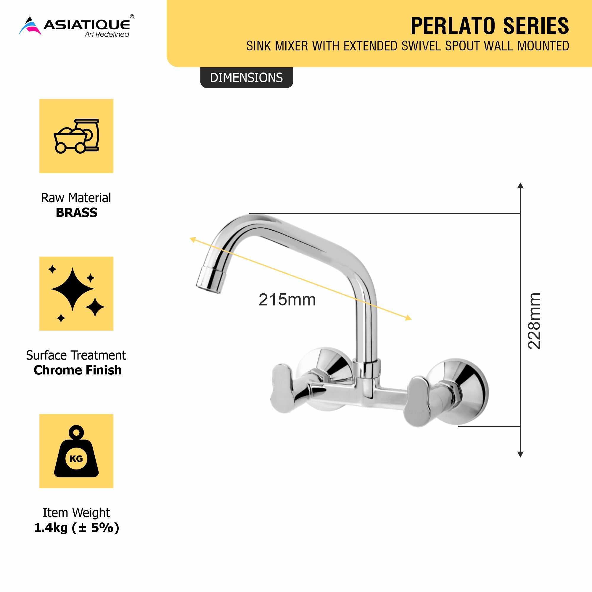 Asiatique Sink Mixer With Extended Swivel Spout Wall Mounted (P-013EX),Perlato Series Premium Faucets & Mixers