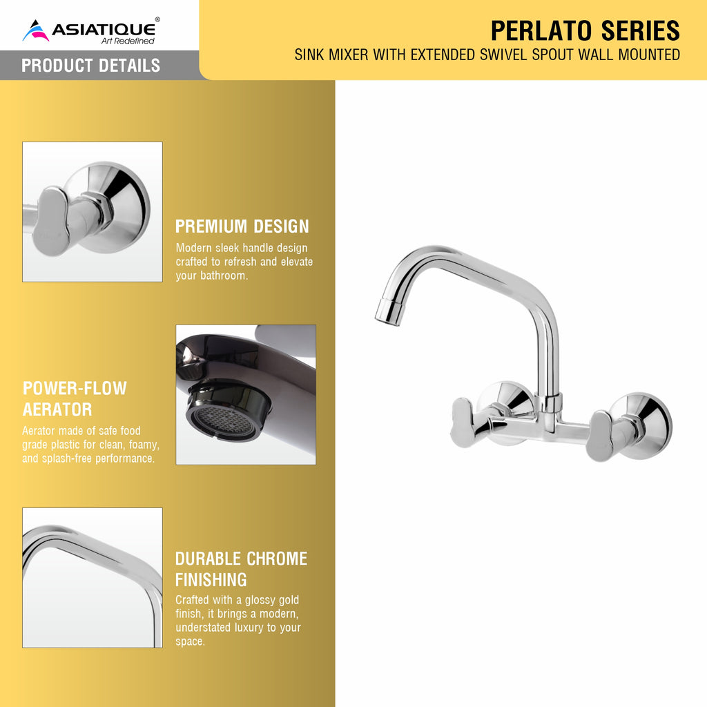 Asiatique Sink Mixer With Extended Swivel Spout Wall Mounted (P-013EX),Perlato Series Premium Faucets & Mixers