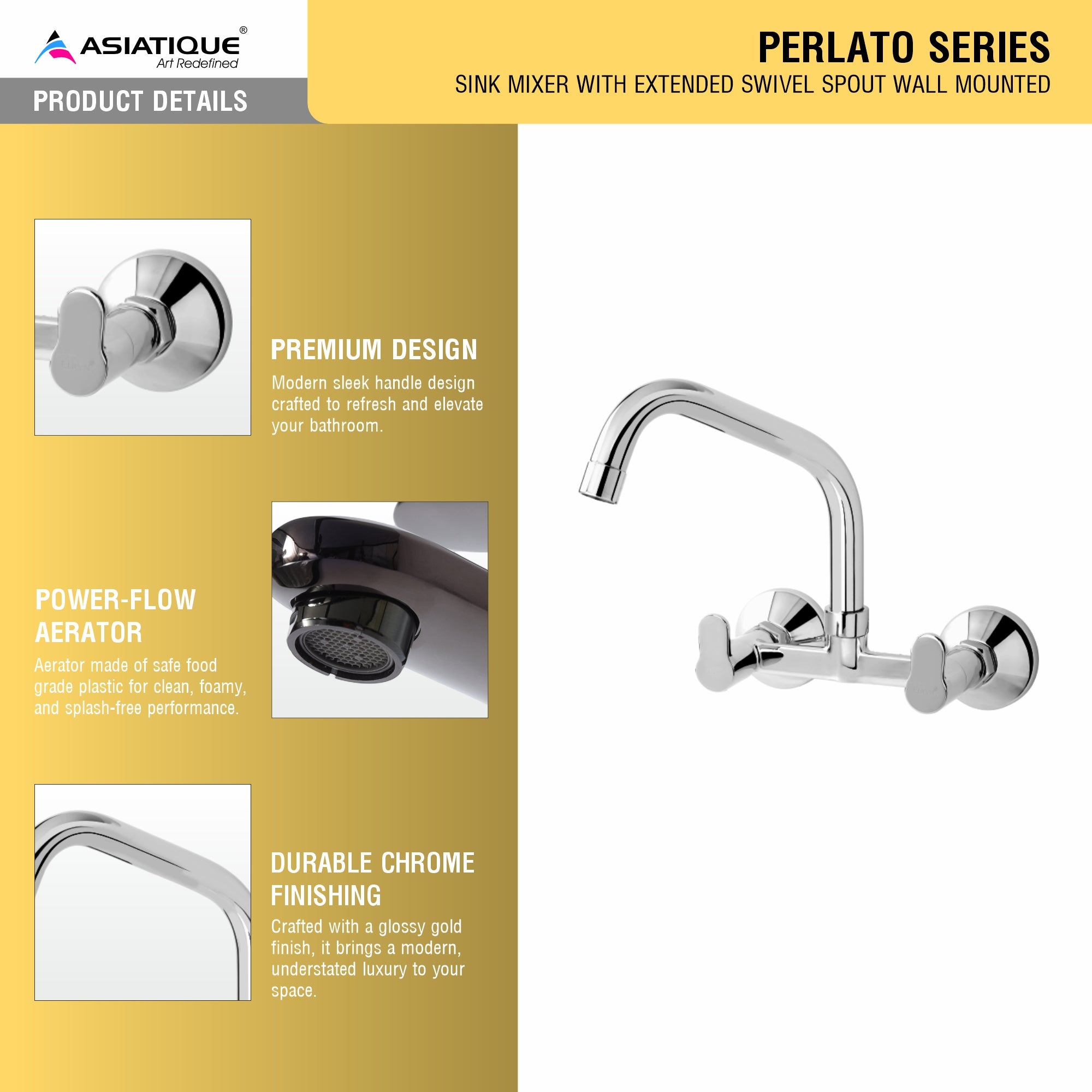 Asiatique Sink Mixer With Extended Swivel Spout Wall Mounted (P-013EX),Perlato Series Premium Faucets & Mixers