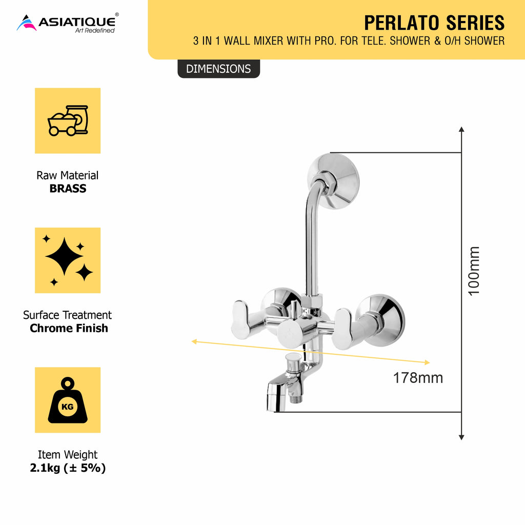 Asiatique 3 in 1 Wall Mixer with Pro . For Tele Shower & O/H Shower (P-018),Perlato Series Premium Faucets & Mixers