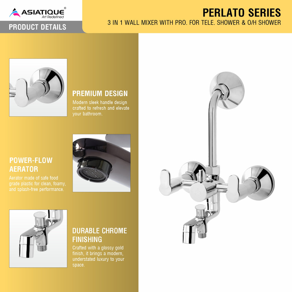 Asiatique 3 in 1 Wall Mixer with Pro . For Tele Shower & O/H Shower (P-018),Perlato Series Premium Faucets & Mixers