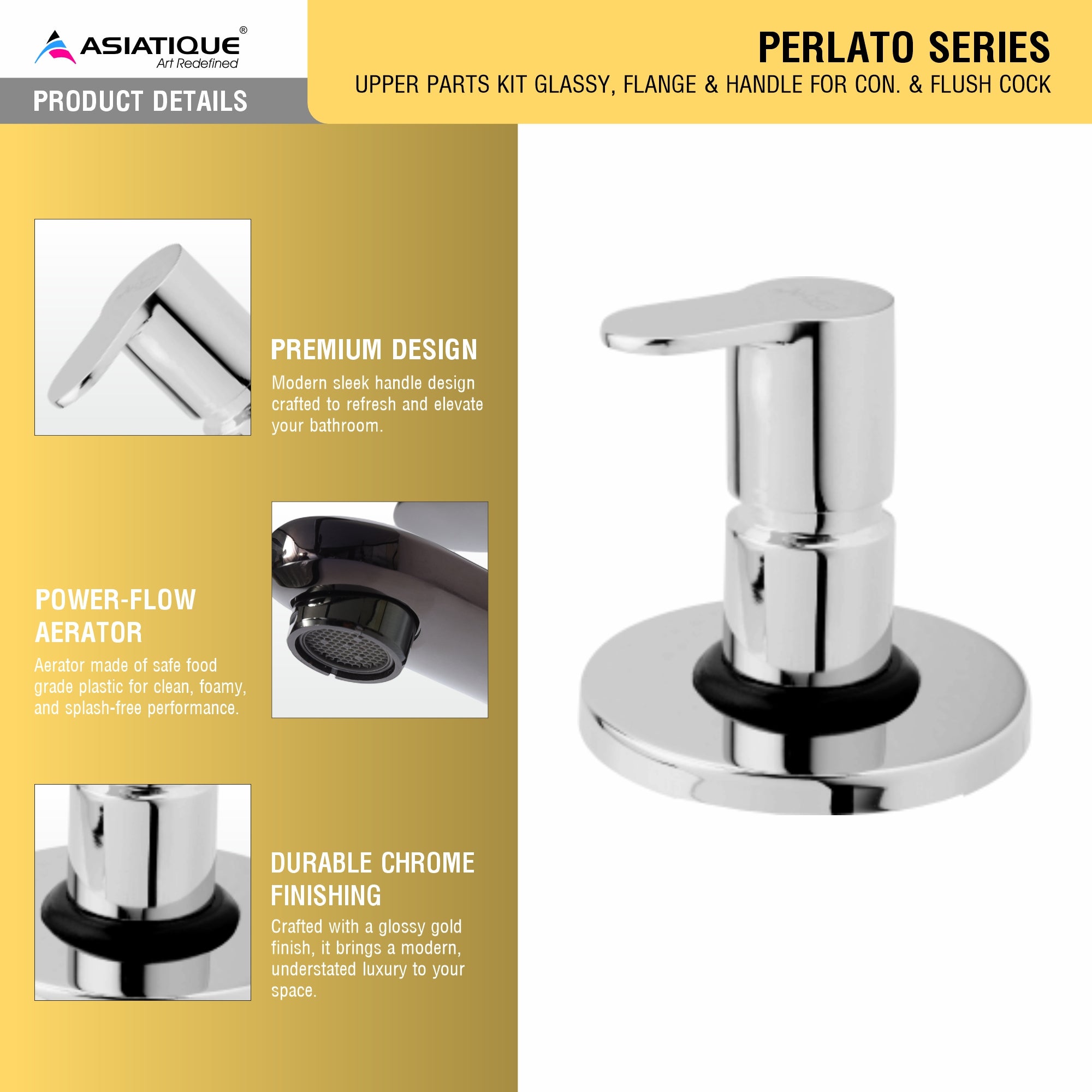 Asiatique Upper Parts Kit Glassy ,Flange & Flush Handle For Con & Flush Cock (P-021U),Perlato Series Premium Faucets & Mixers