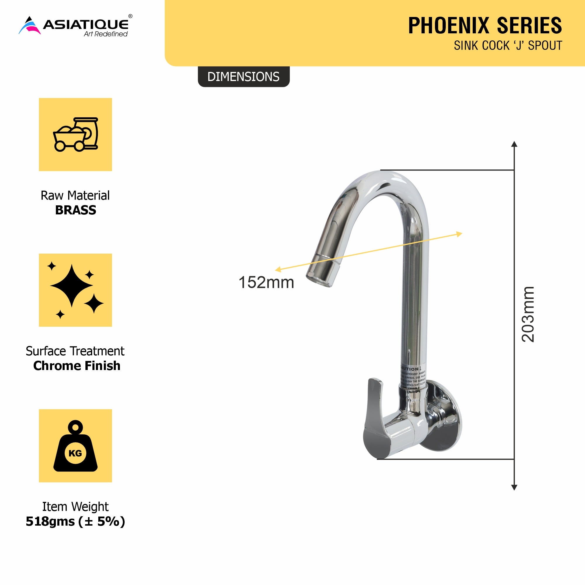 Asiatique Sink Cock 'J' Spout (PH-008), Phoenix Series Premium Faucets & Mixers