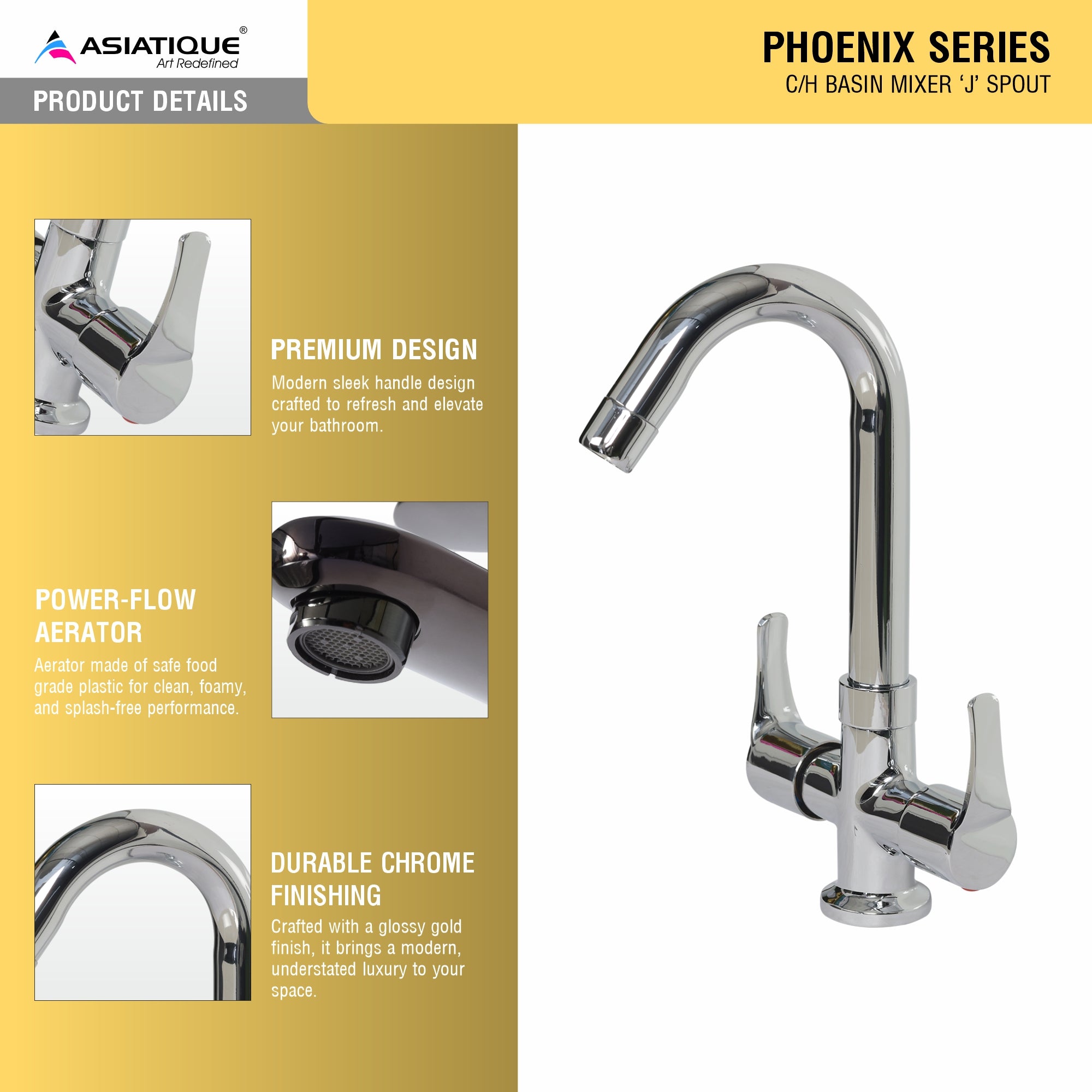 Asiatique C/H Basin Mixer 'J' Spout (PH-011), Phoenix Series Premium Faucets & Mixers
