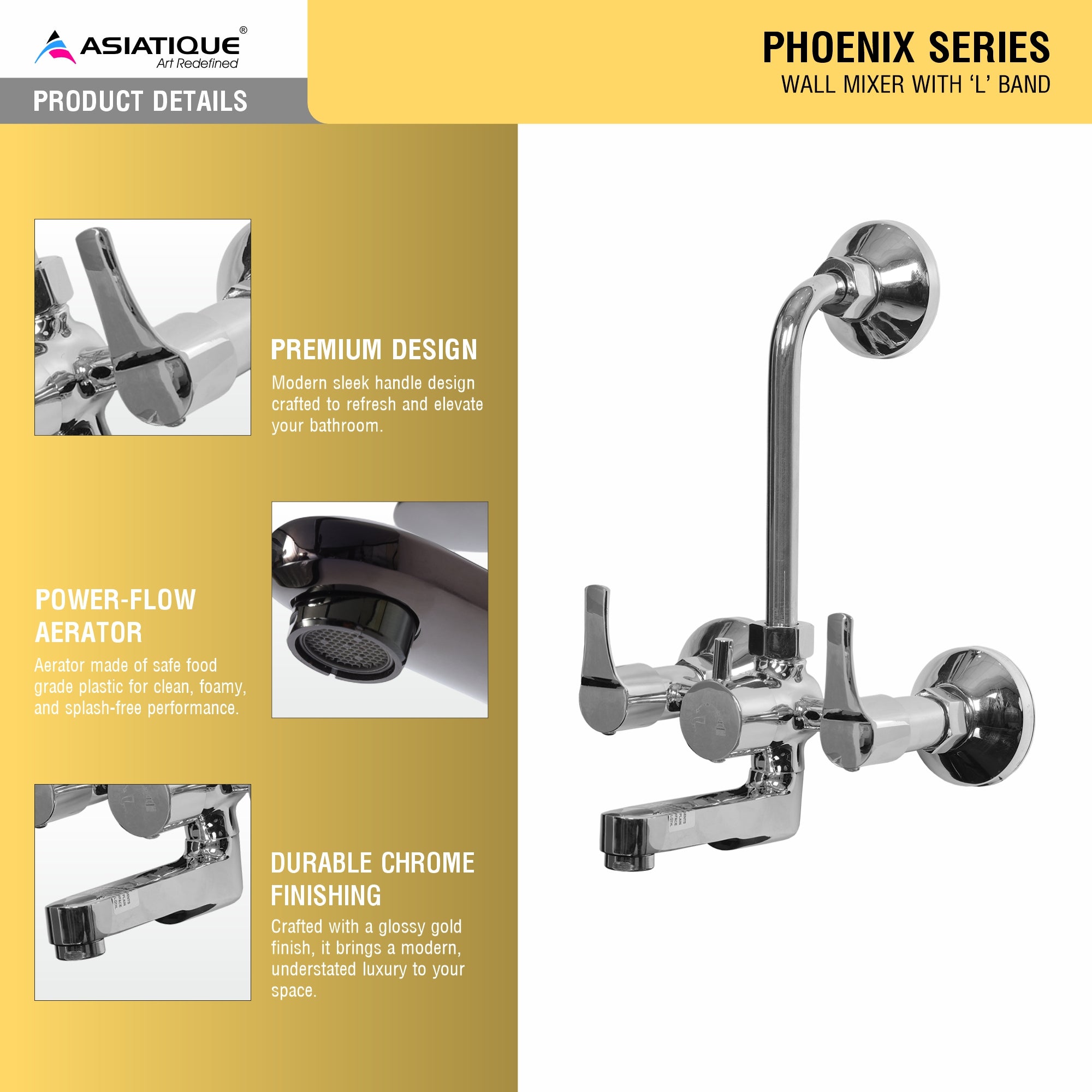 Asiatique Wall Mixer With ‘L’ Bend (PH-017L), Phoenix Series Premium Faucets & Mixers