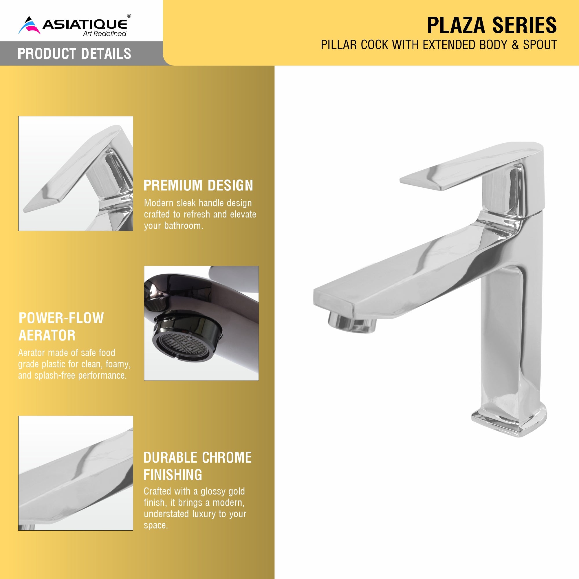 Asiatique Pillar Cock With Extended Body & Spout (PL-000AA), Plaza Series Bathroom Faucets & Mixers | Premium Brass Tap Collection
