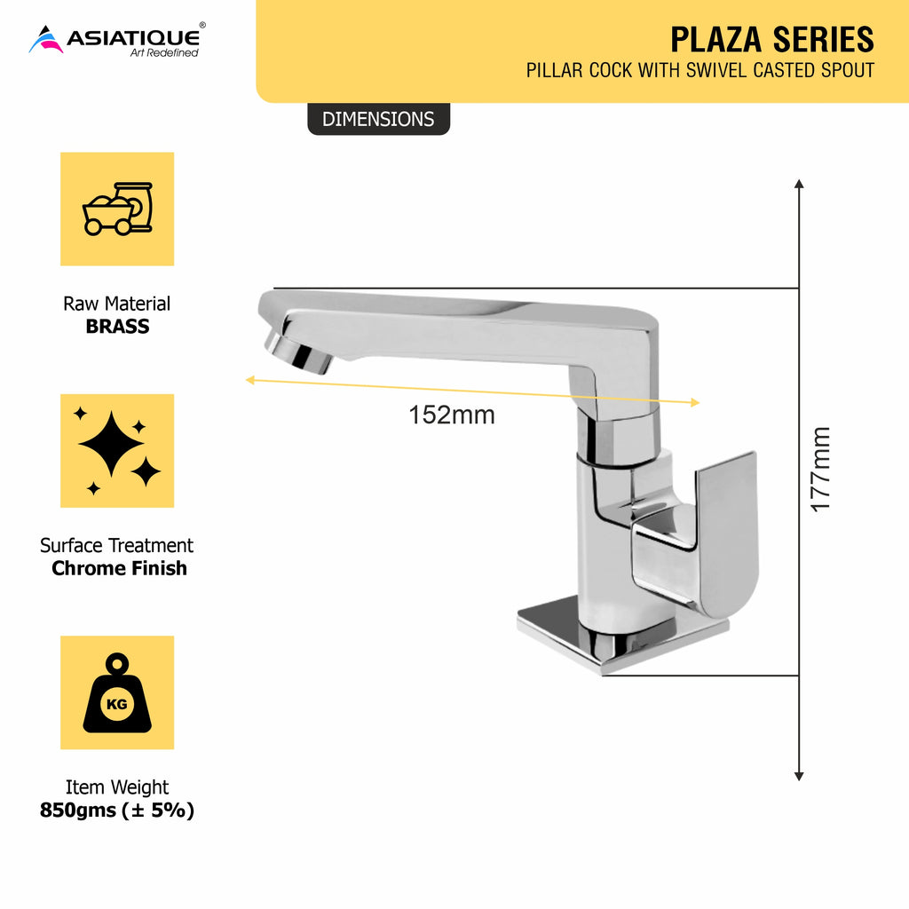 Asiatique Pillar Cock With Swivel Casted Spout (PL-001), Plaza Series Bathroom Faucets & Mixers | Premium Brass Tap Collection