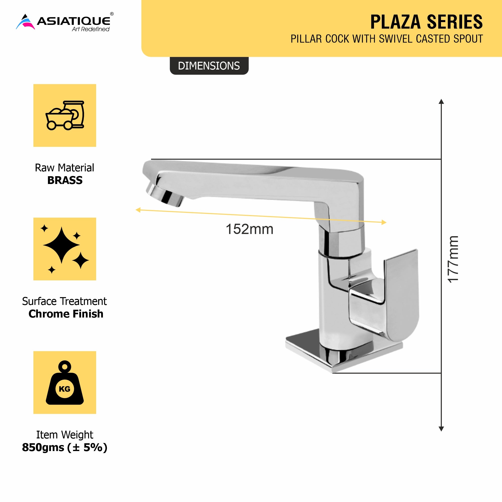 Asiatique Pillar Cock With Swivel Casted Spout (PL-001), Plaza Series Bathroom Faucets & Mixers | Premium Brass Tap Collection