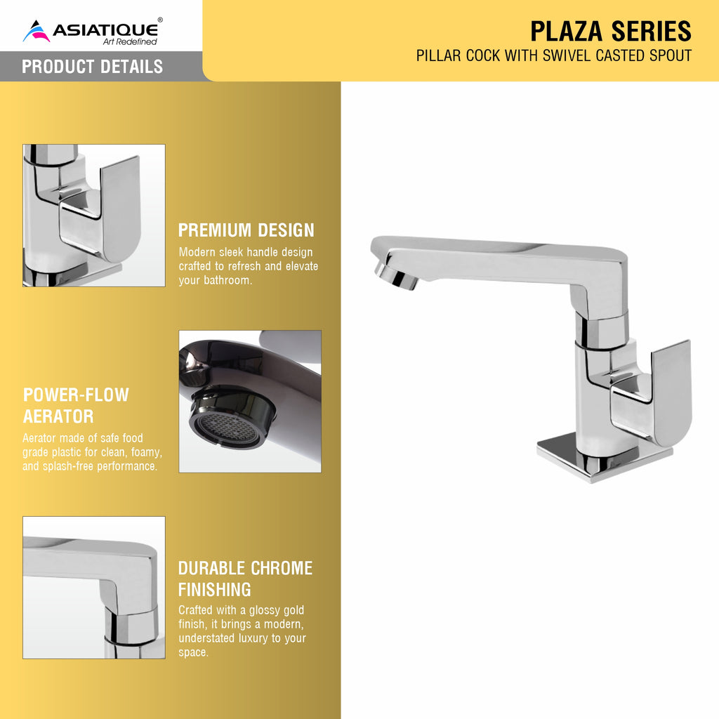 Asiatique Pillar Cock With Swivel Casted Spout (PL-001), Plaza Series Bathroom Faucets & Mixers | Premium Brass Tap Collection