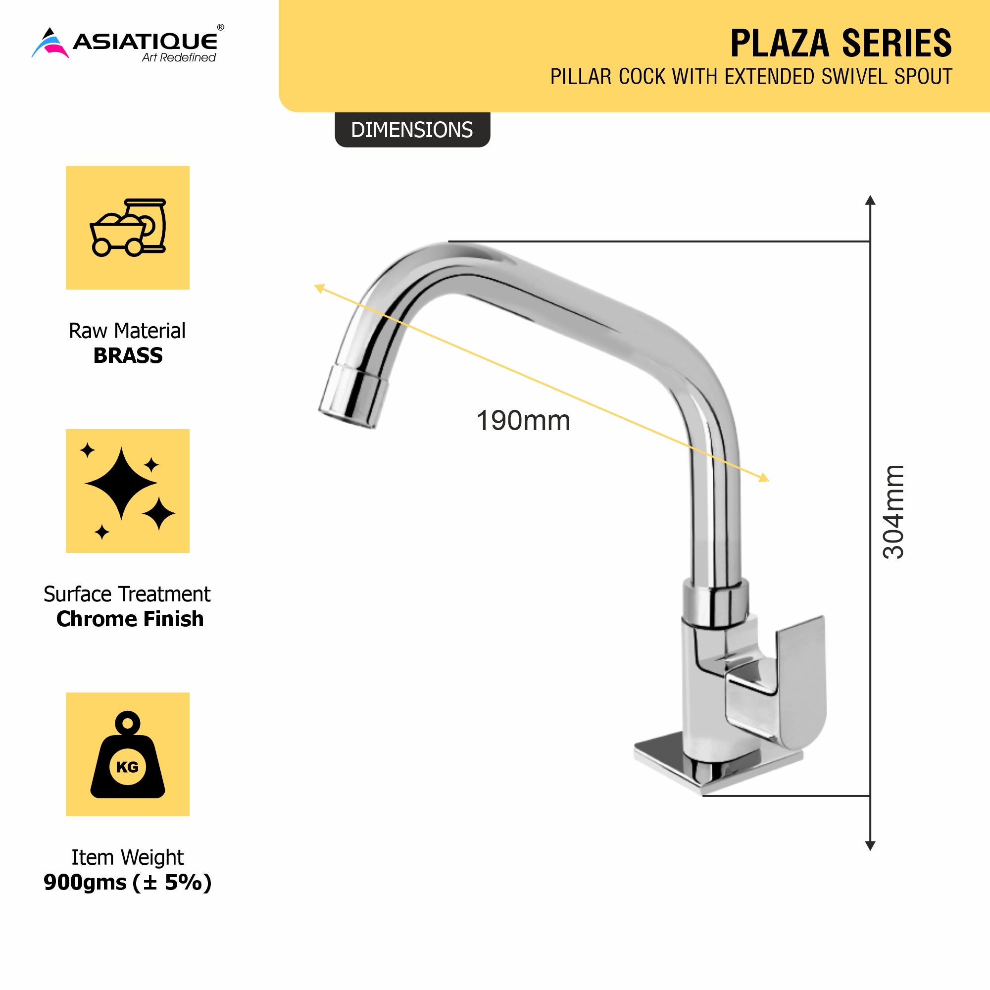 Asiatique Pillar Cock With Extended Swivel Spout (PL-002EX), Plaza Series Bathroom Faucets & Mixers | Premium Brass Tap Collection