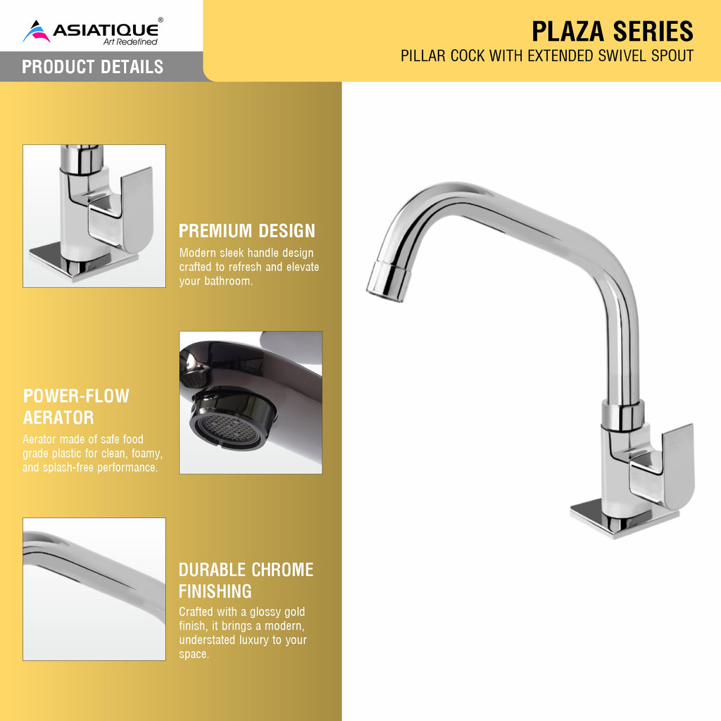 Asiatique Pillar Cock With Extended Swivel Spout (PL-002EX), Plaza Series Bathroom Faucets & Mixers | Premium Brass Tap Collection