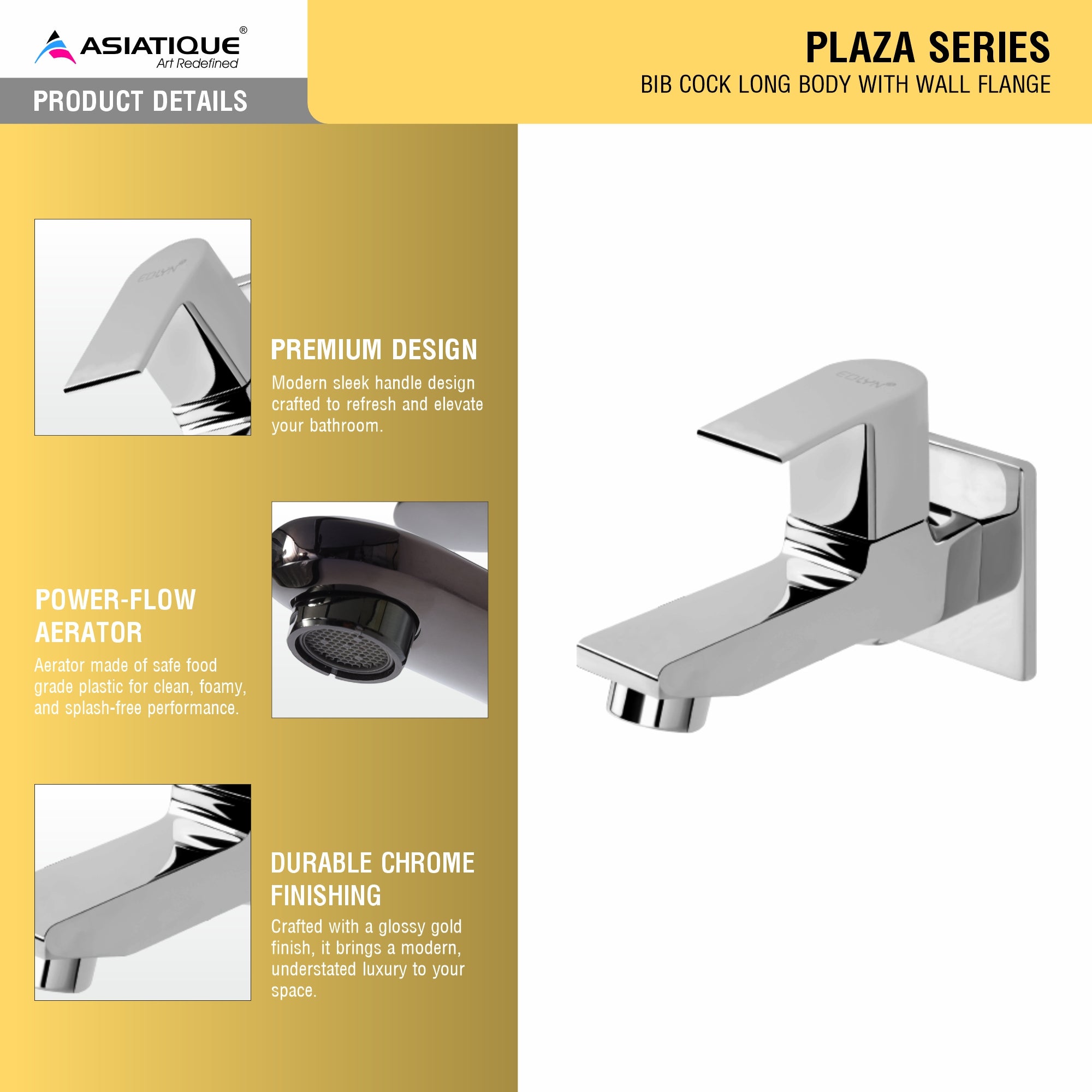 Asiatique Bib Cock Long Body With Wall Flange (PL-004), Plaza Series Bathroom Faucets & Mixers | Premium Brass Tap Collection