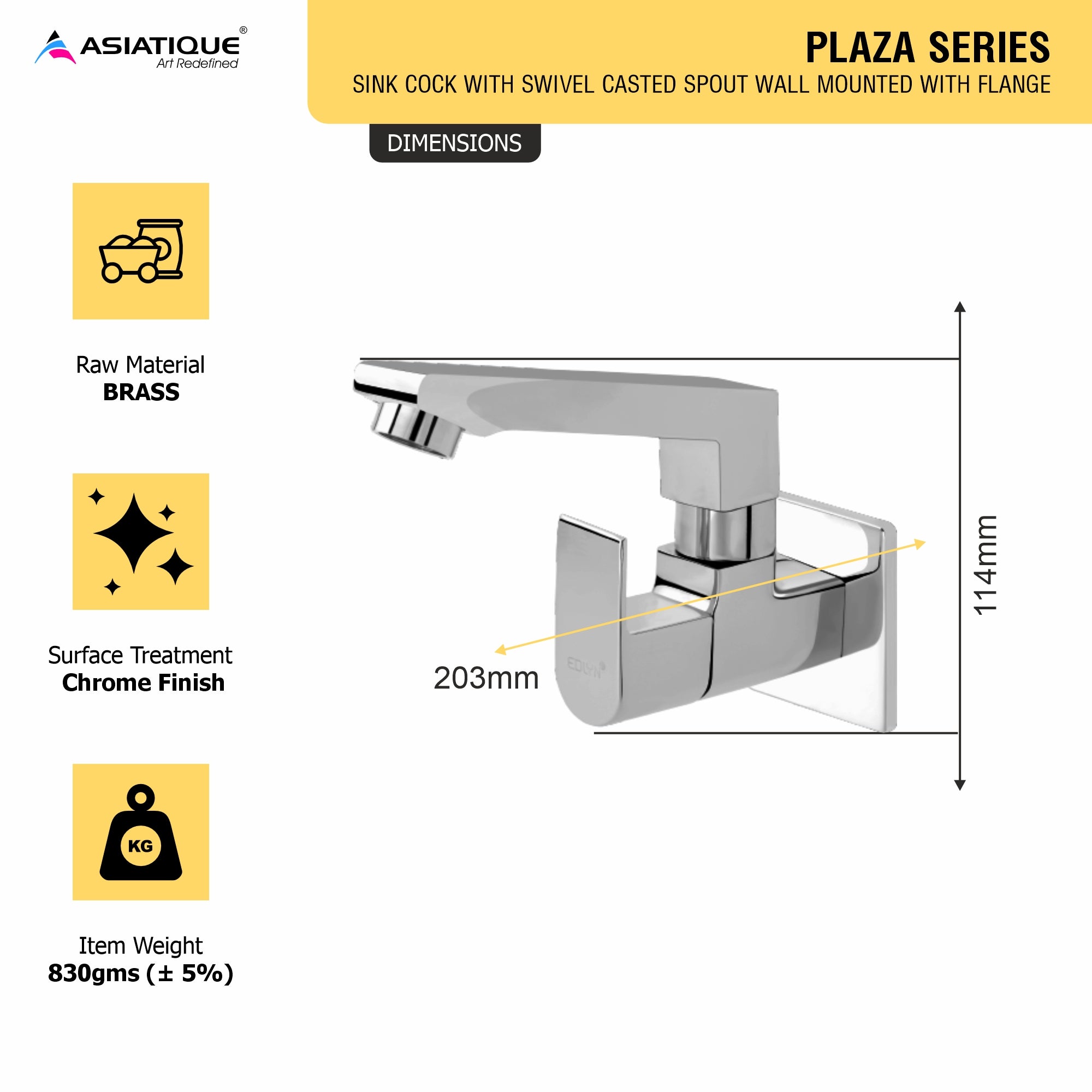 Asiatique Sink Cock With Swivel Casted Spout Wall Mounted Flange (PL-007), Plaza Series Bathroom Faucets & Mixers | Premium Brass Tap Collection
