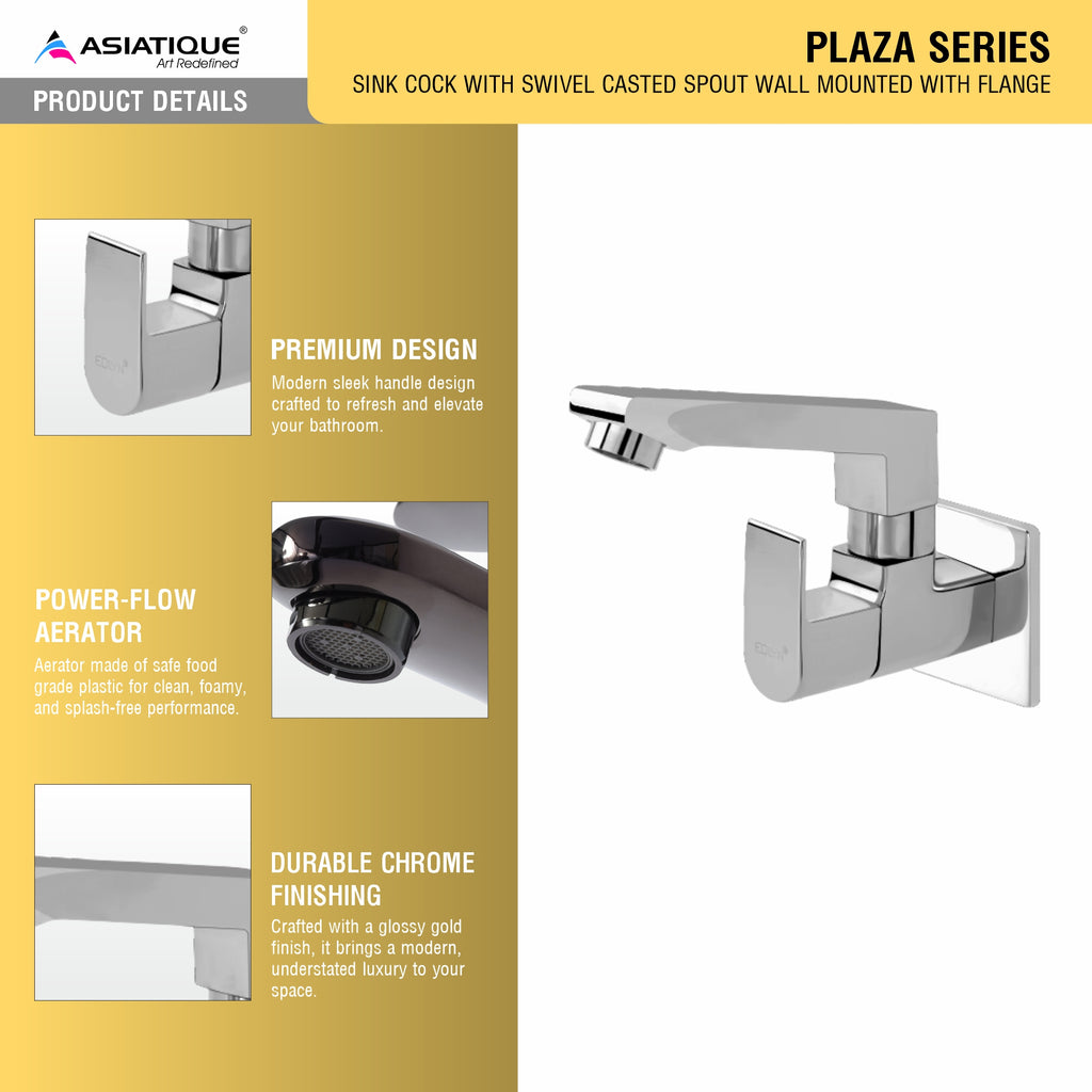 Asiatique Sink Cock With Swivel Casted Spout Wall Mounted Flange (PL-007), Plaza Series Bathroom Faucets & Mixers | Premium Brass Tap Collection