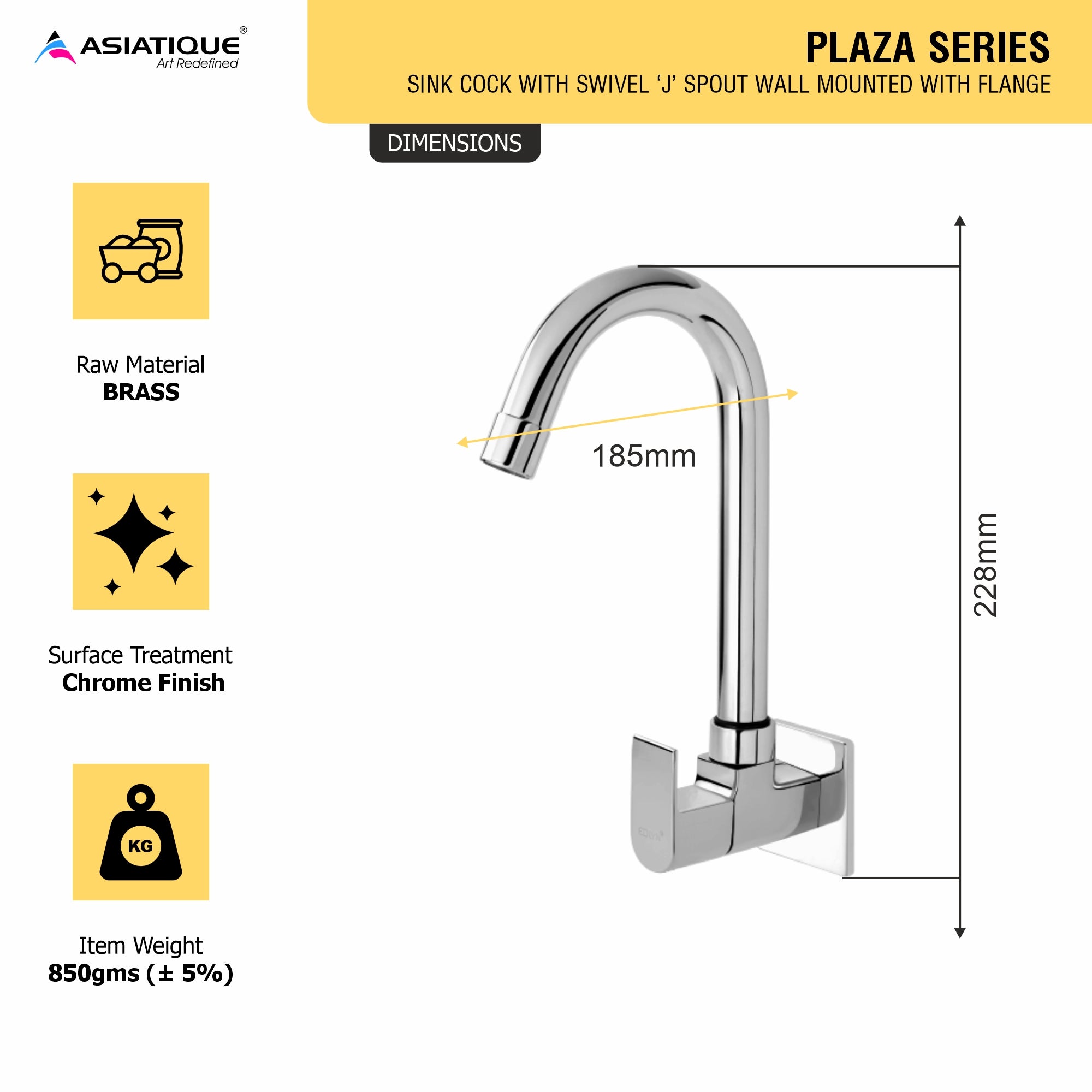Asiatique Sink Cock With Swivel 'J' Spout Wall Mounted With Flange (PL-008), Plaza Series Bathroom Faucets & Mixers | Premium Brass Tap Collection