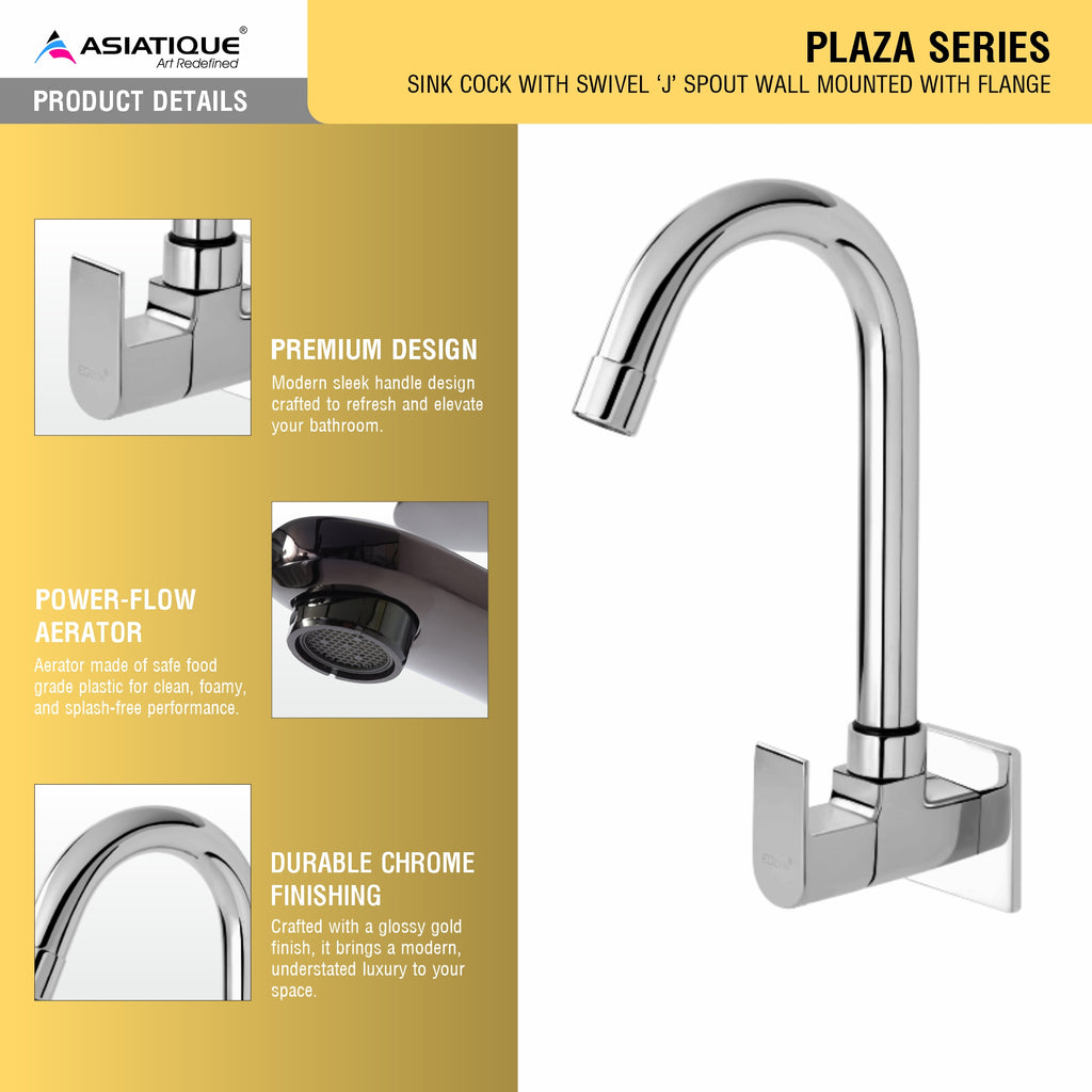 Asiatique Sink Cock With Swivel 'J' Spout Wall Mounted With Flange (PL-008), Plaza Series Bathroom Faucets & Mixers | Premium Brass Tap Collection