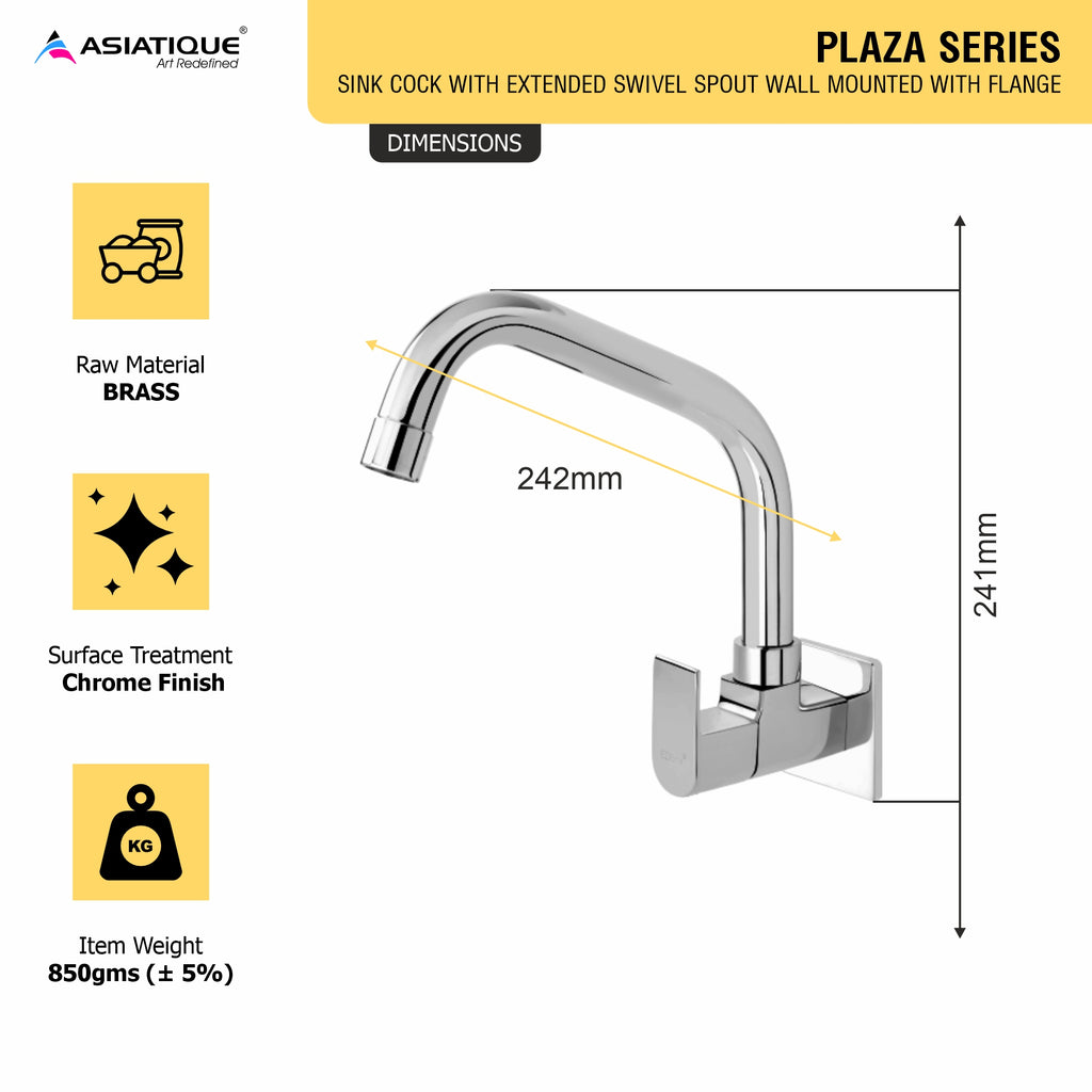 Asiatique Sink Cock With Extended Swivel Spout Wall Mounted With Flange (PL-008EX), Plaza Series Bathroom Faucets & Mixers | Premium Brass Tap Collection