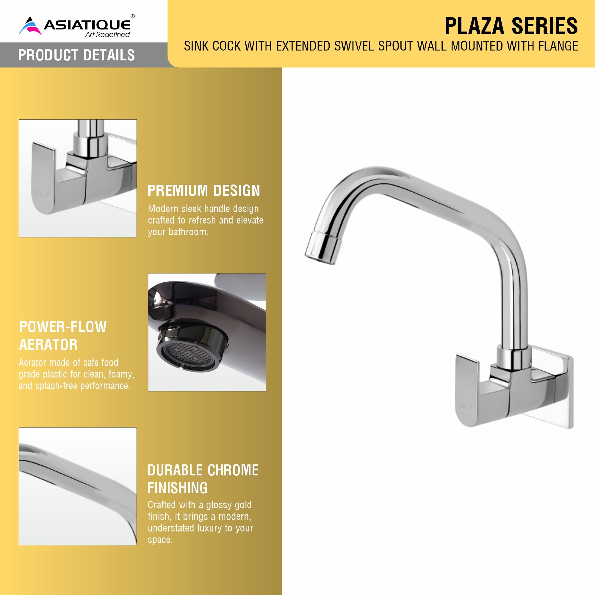 Asiatique Sink Cock With Extended Swivel Spout Wall Mounted With Flange (PL-008EX), Plaza Series Bathroom Faucets & Mixers | Premium Brass Tap Collection