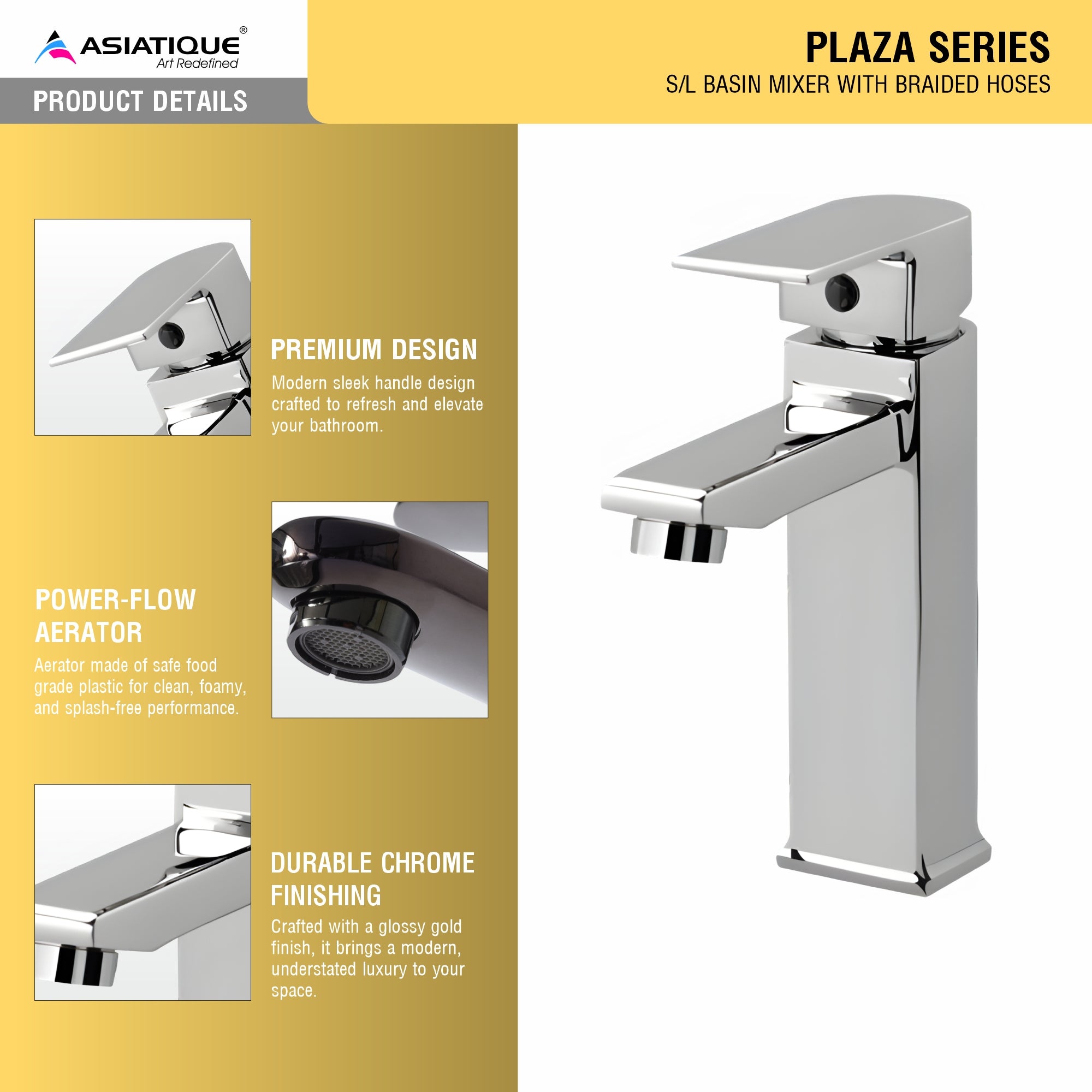 Asiatique S/L Basin Mixer With Braided Hoses (PL-009), Plaza Series Bathroom Faucets & Mixers | Premium Brass Tap Collection