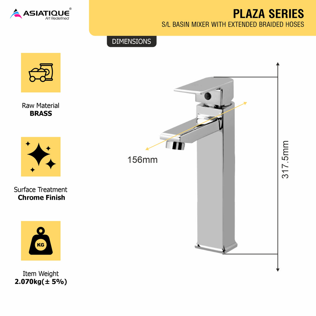 Asiatique S/L Basin Mixer With Extended Braided Hoses (PL-009EX), Plaza Series Bathroom Faucets & Mixers | Premium Brass Tap Collection