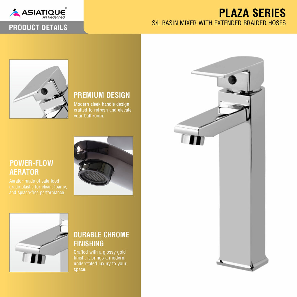 Asiatique S/L Basin Mixer With Extended Braided Hoses (PL-009EX), Plaza Series Bathroom Faucets & Mixers | Premium Brass Tap Collection