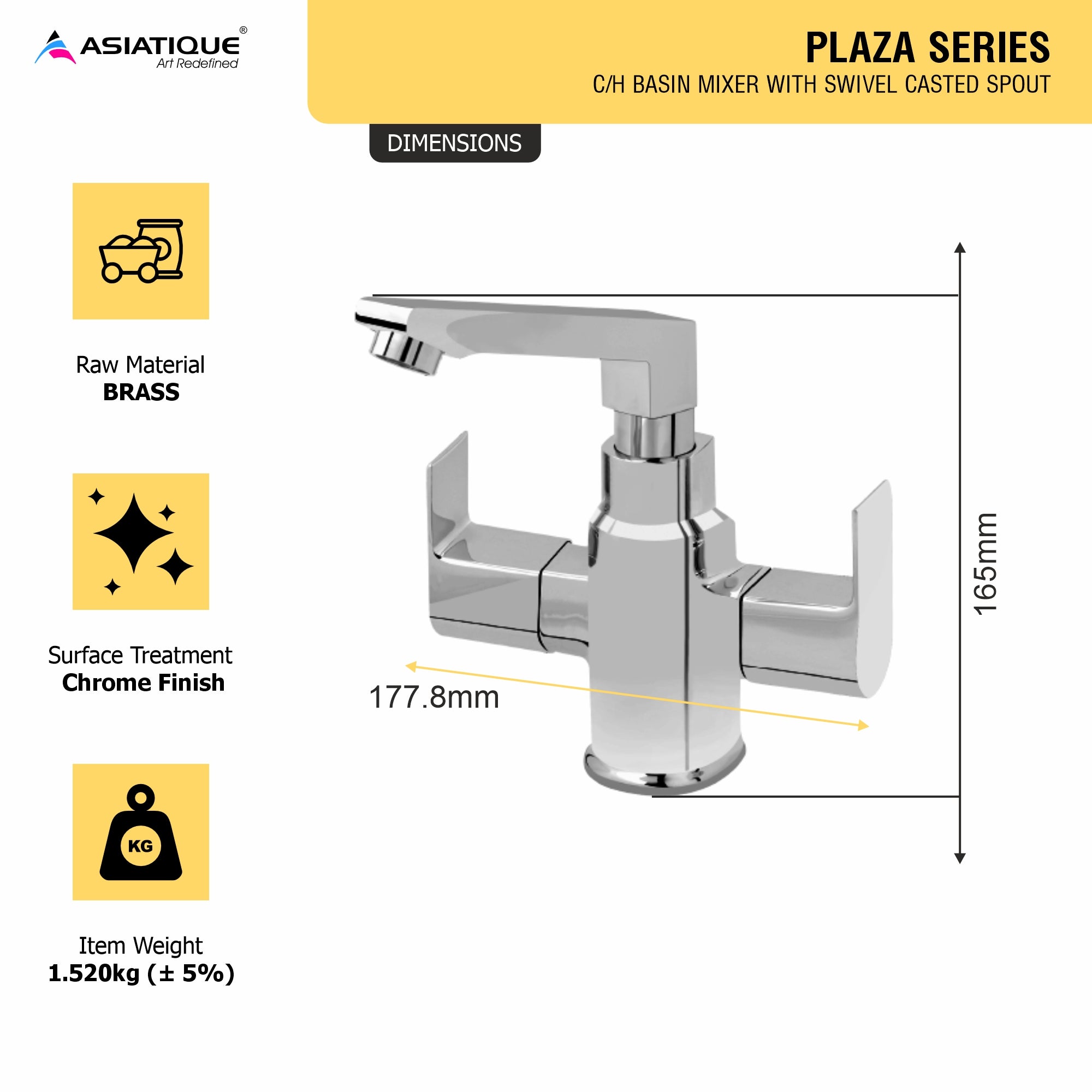 Asiatique C/H Basin Mixer With Swivel Casted Spout  (PL-010), Plaza Series Bathroom Faucets & Mixers | Premium Brass Tap Collection