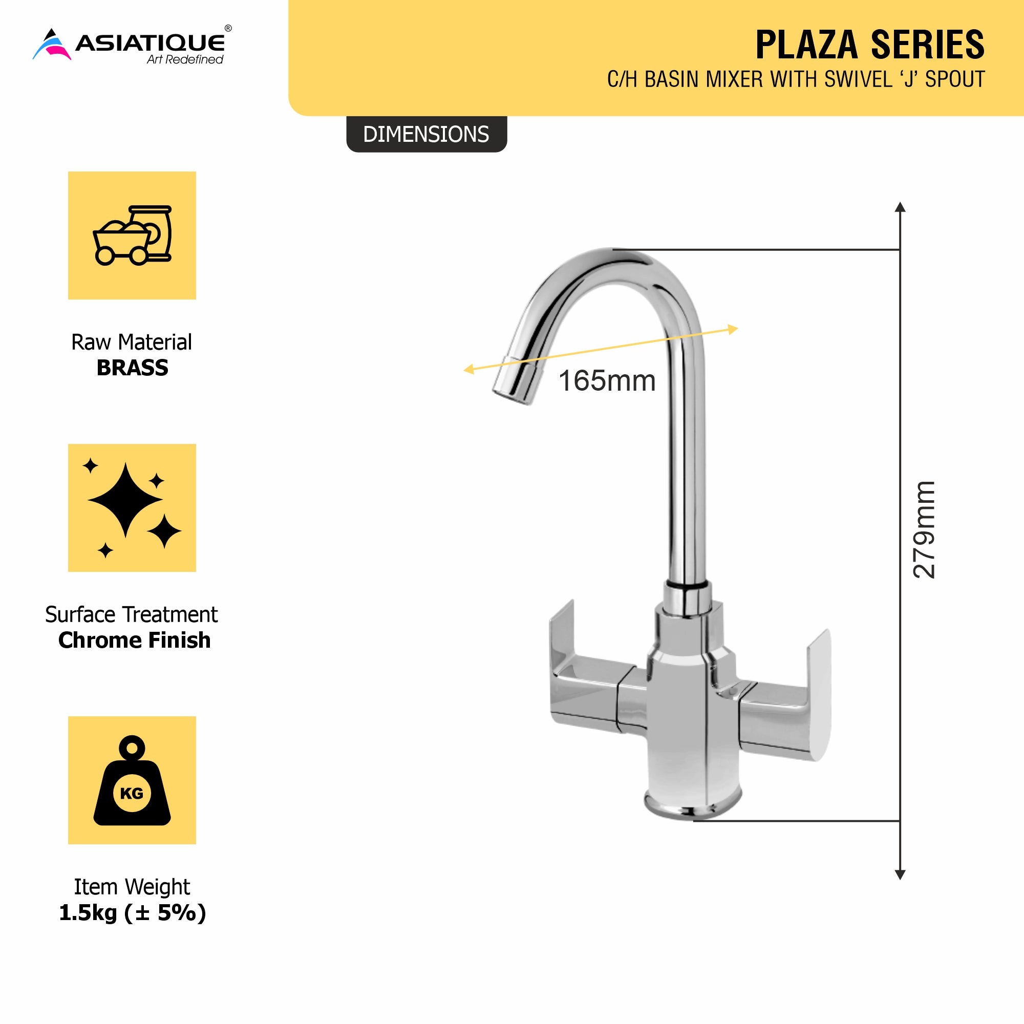 Asiatique C/H Basin Mixer With Swivel 'J' Spout (PL-0011), Plaza Series Bathroom Faucets & Mixers | Premium Brass Tap Collection