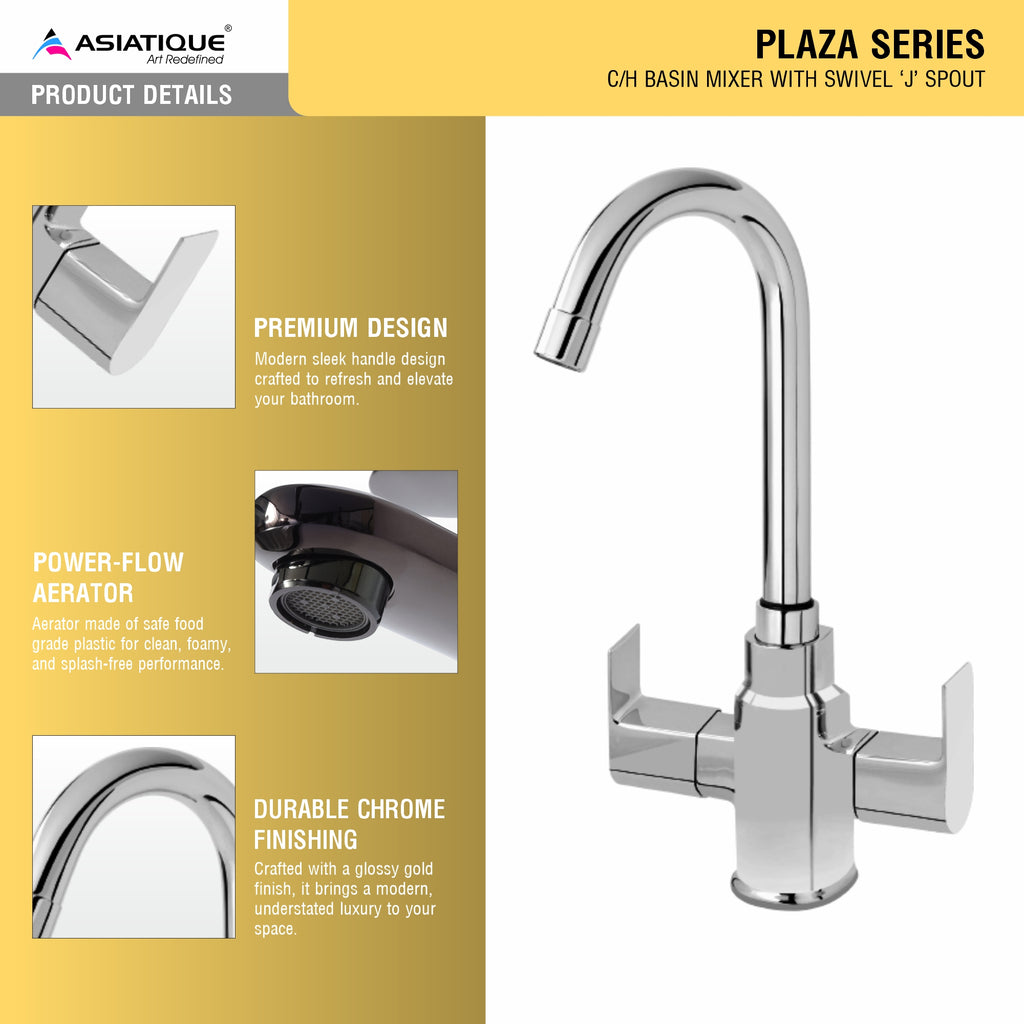 Asiatique C/H Basin Mixer With Swivel 'J' Spout (PL-0011), Plaza Series Bathroom Faucets & Mixers | Premium Brass Tap Collection