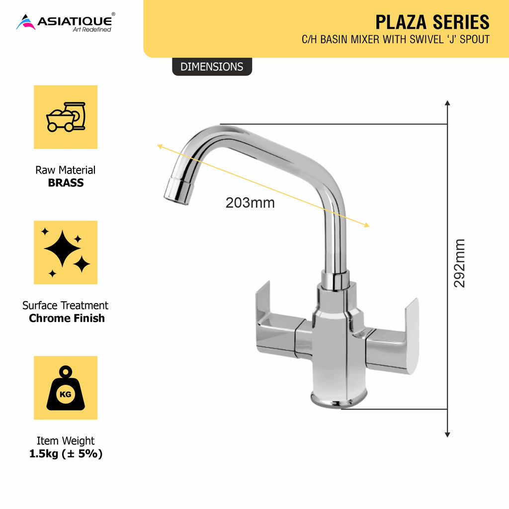 Asiatique C/H Basin Mixer With Extended Swivel Spout (PL-0011EX), Plaza Series Bathroom Faucets & Mixers | Premium Brass Tap Collection