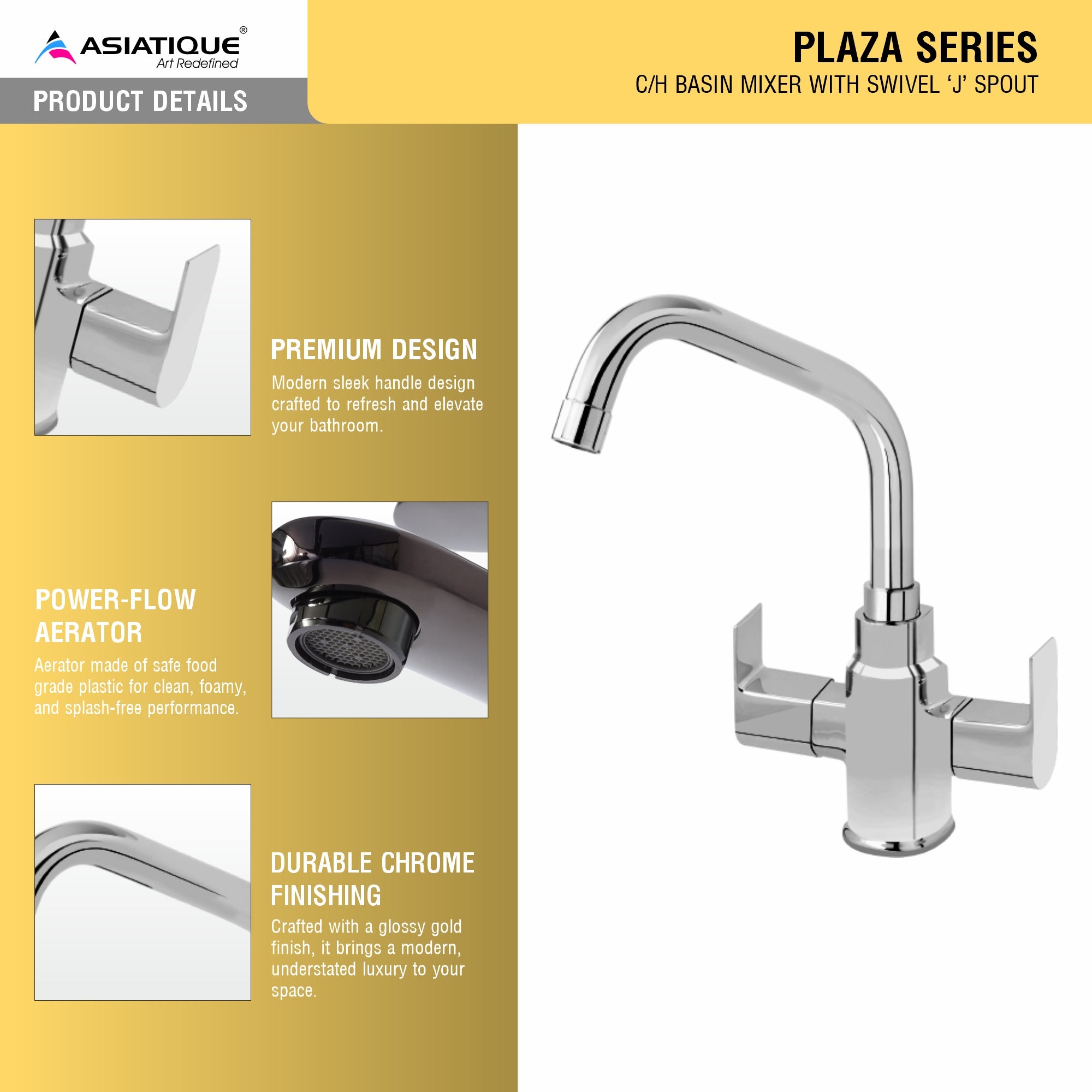 Asiatique C/H Basin Mixer With Extended Swivel Spout (PL-0011EX), Plaza Series Bathroom Faucets & Mixers | Premium Brass Tap Collection