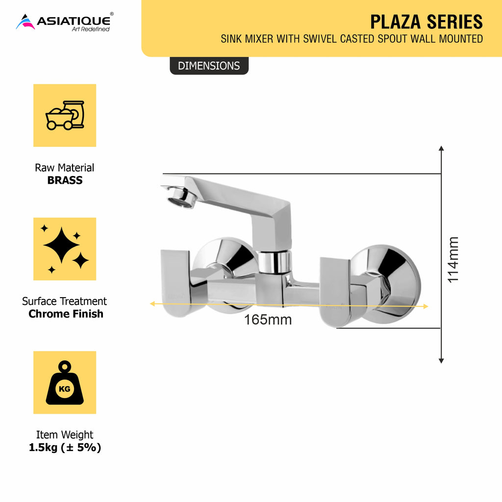 Asiatique Sink Mixer With Swivel Casted Spout Wall Mounted (PL-012), Plaza Series Bathroom Faucets & Mixers | Premium Brass Tap Collection