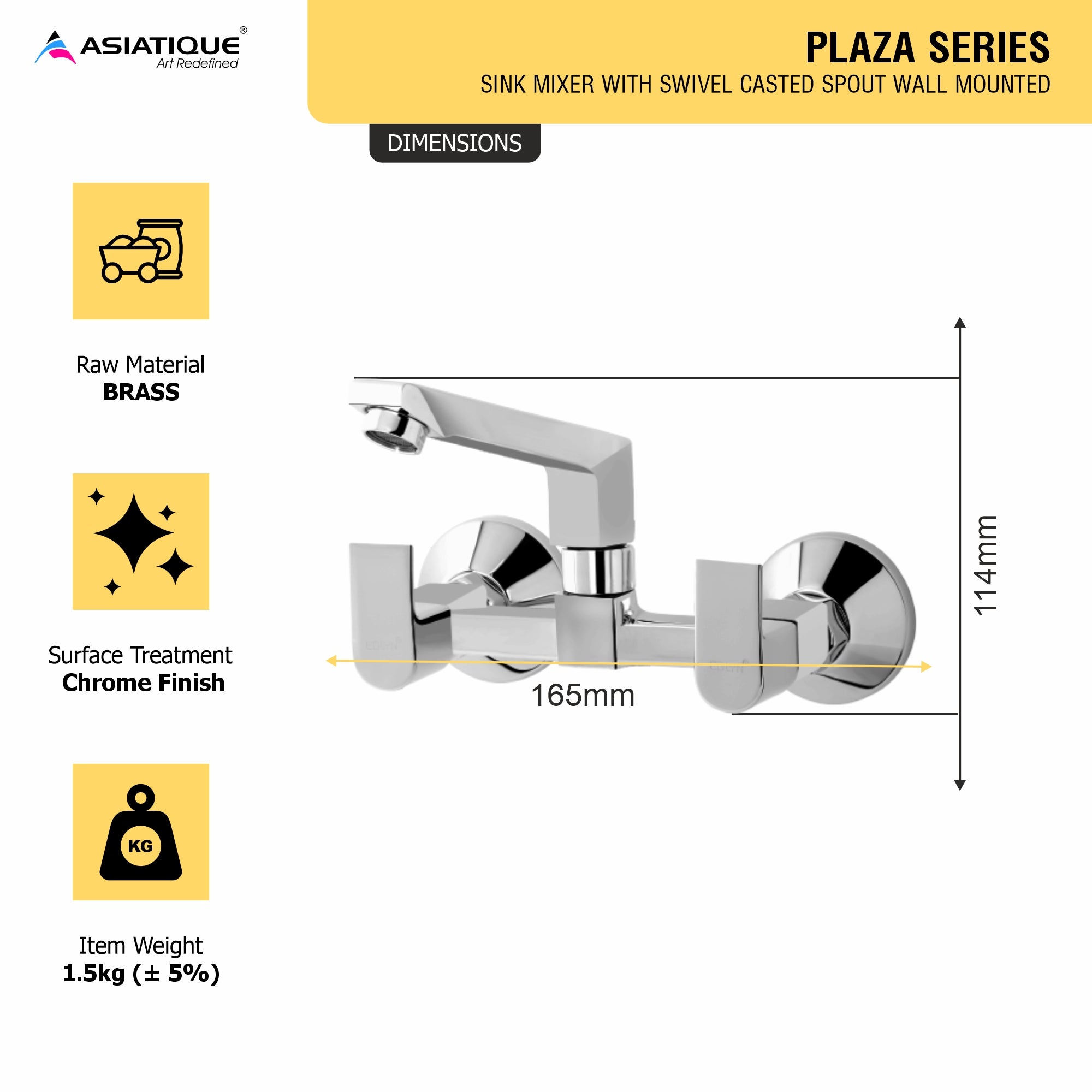 Asiatique Sink Mixer With Swivel Casted Spout Wall Mounted (PL-012), Plaza Series Bathroom Faucets & Mixers | Premium Brass Tap Collection