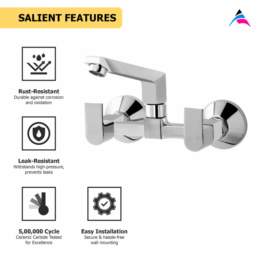 Asiatique Sink Mixer With Swivel Casted Spout Wall Mounted (PL-012), Plaza Series Bathroom Faucets & Mixers | Premium Brass Tap Collection