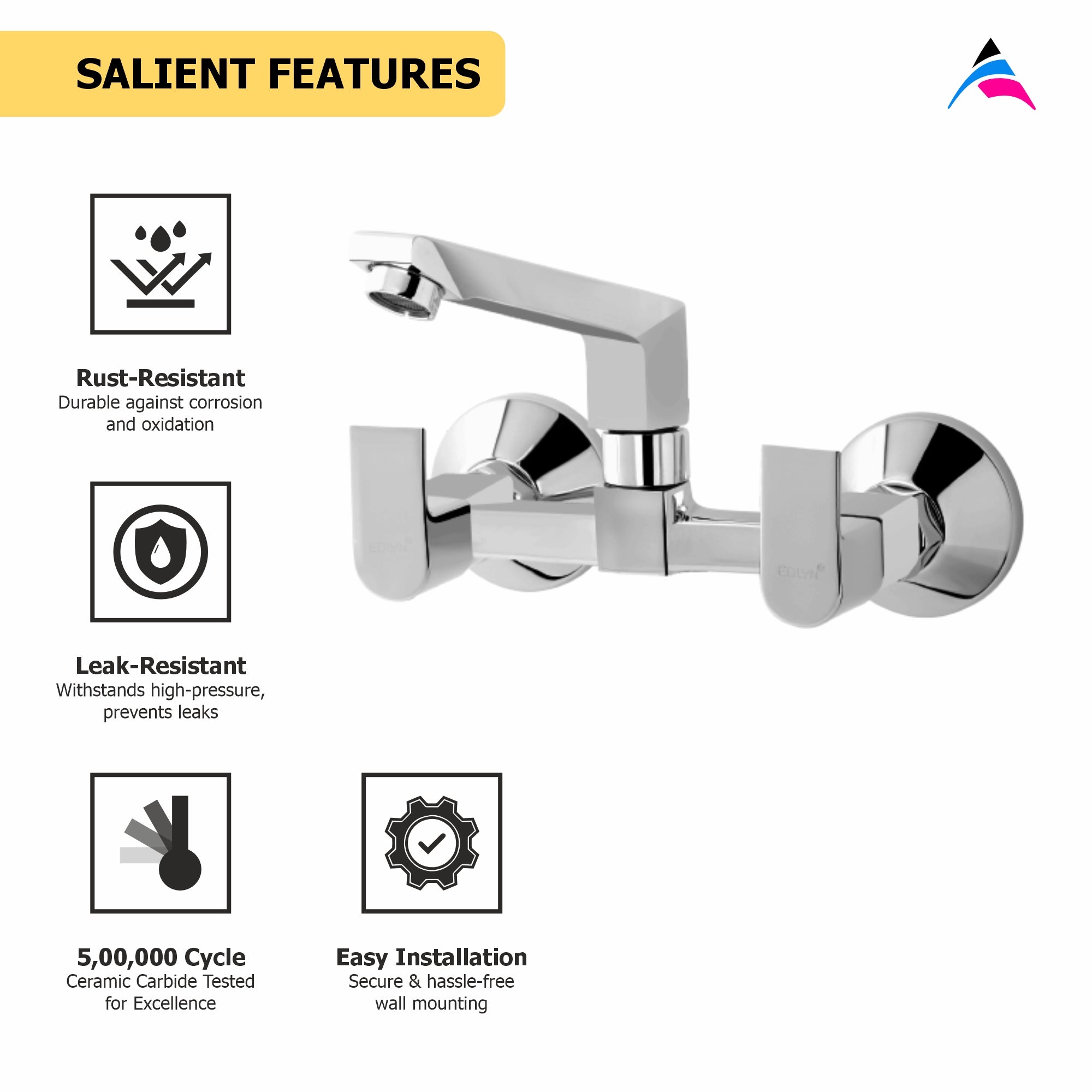 Asiatique Sink Mixer With Swivel Casted Spout Wall Mounted (PL-012), Plaza Series Bathroom Faucets & Mixers | Premium Brass Tap Collection