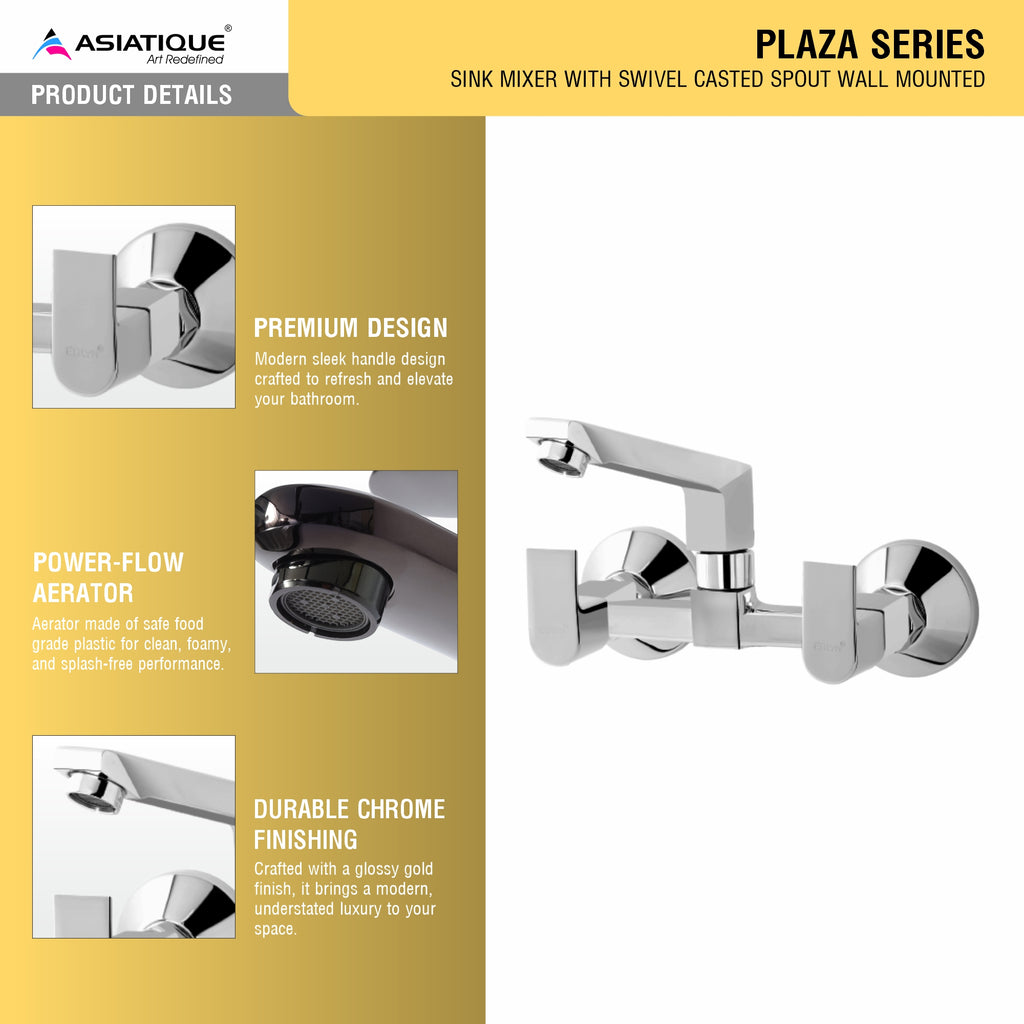 Asiatique Sink Mixer With Swivel Casted Spout Wall Mounted (PL-012), Plaza Series Bathroom Faucets & Mixers | Premium Brass Tap Collection