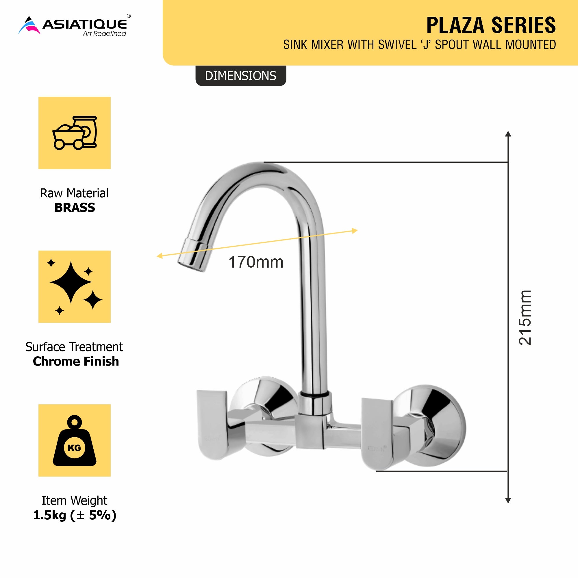 Asiatique Sink Mixer With Swivel 'J' Spout Wall Mounted (PL-013), Plaza Series Bathroom Faucets & Mixers | Premium Brass Tap Collection