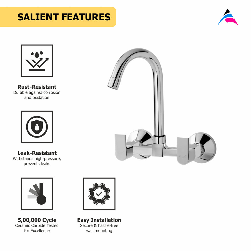 Asiatique Sink Mixer With Swivel 'J' Spout Wall Mounted (PL-013), Plaza Series Bathroom Faucets & Mixers | Premium Brass Tap Collection