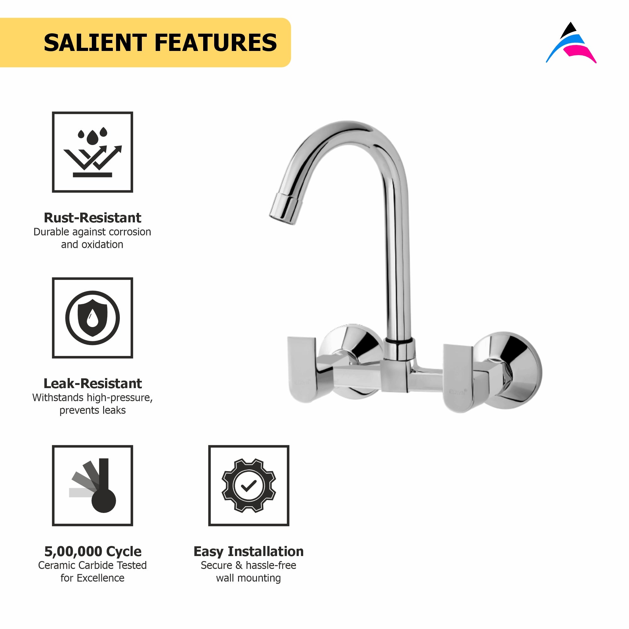 Asiatique Sink Mixer With Swivel 'J' Spout Wall Mounted (PL-013), Plaza Series Bathroom Faucets & Mixers | Premium Brass Tap Collection
