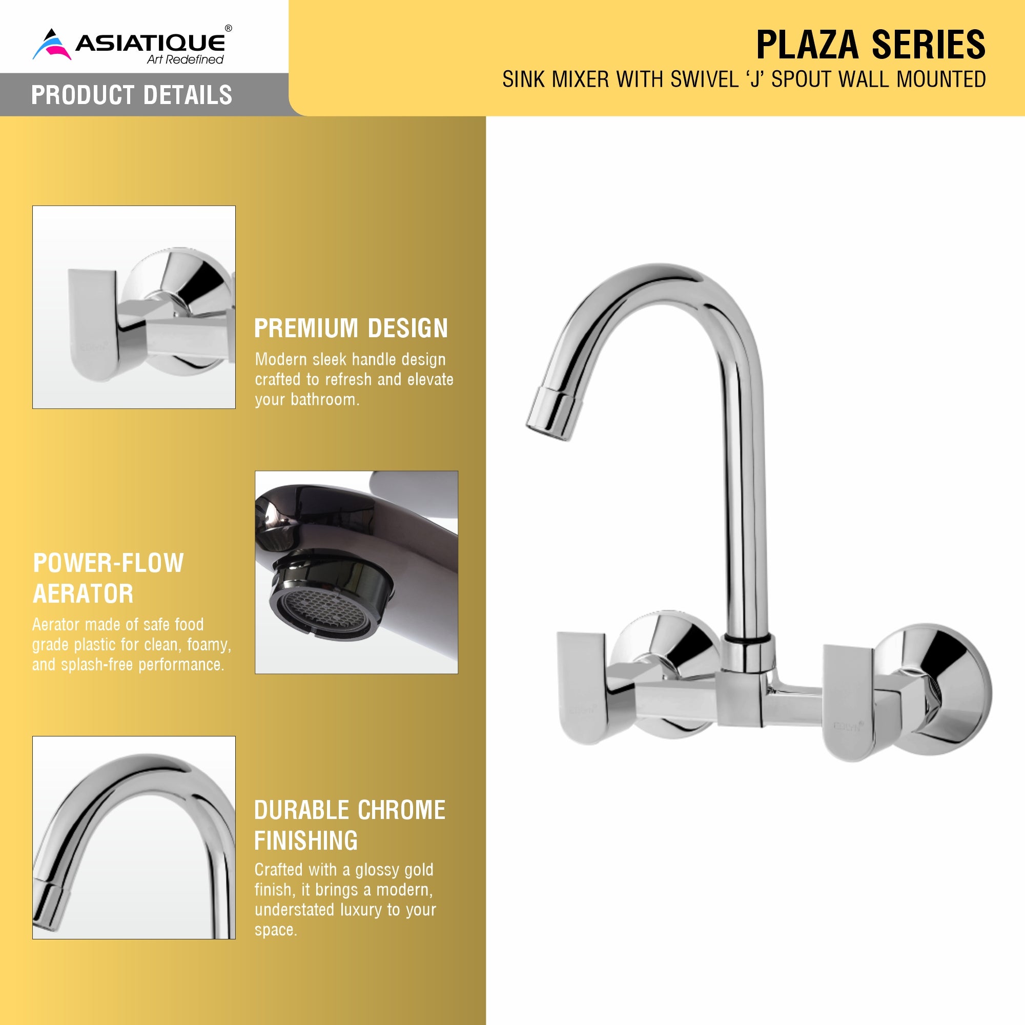 Asiatique Sink Mixer With Swivel 'J' Spout Wall Mounted (PL-013), Plaza Series Bathroom Faucets & Mixers | Premium Brass Tap Collection