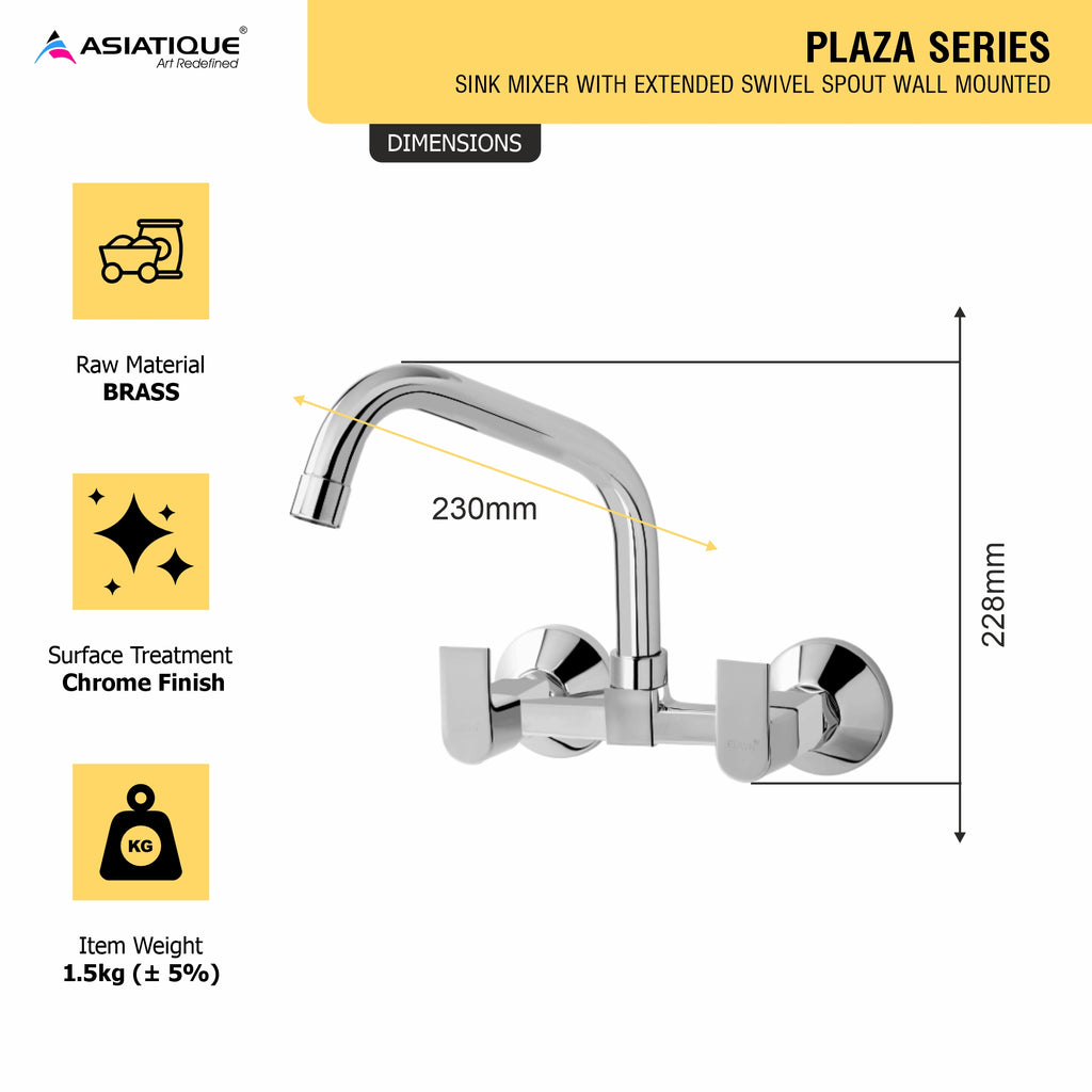 Asiatique Sink Mixer With Extended Swivel Spout Wall Mounted (PL-013EX), Plaza Series Bathroom Faucets & Mixers | Premium Brass Tap Collection