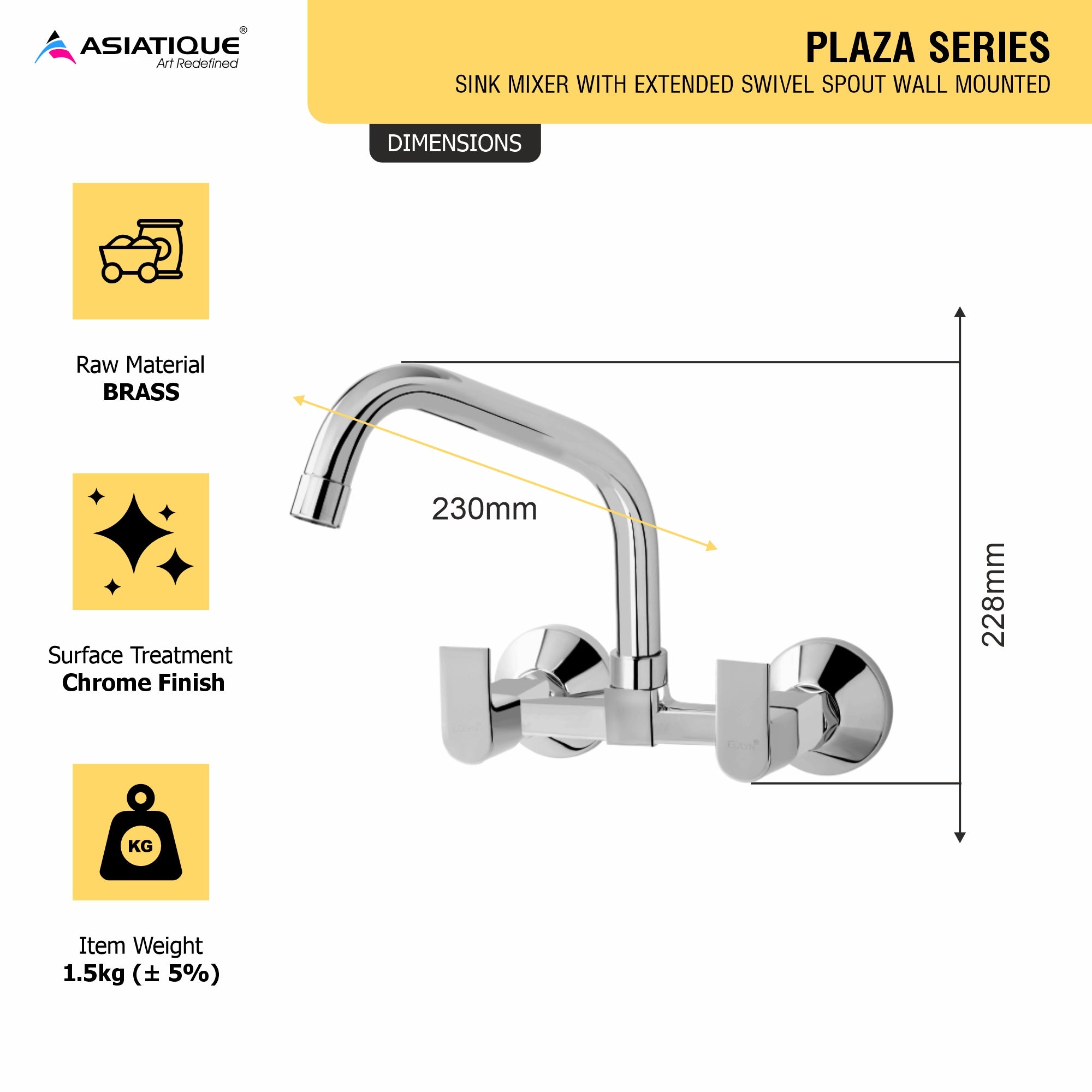 Asiatique Sink Mixer With Extended Swivel Spout Wall Mounted (PL-013EX), Plaza Series Bathroom Faucets & Mixers | Premium Brass Tap Collection