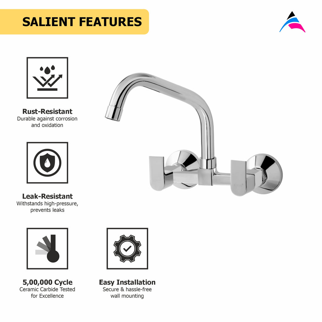 Asiatique Sink Mixer With Extended Swivel Spout Wall Mounted (PL-013EX), Plaza Series Bathroom Faucets & Mixers | Premium Brass Tap Collection