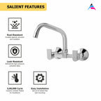Asiatique Sink Mixer With Extended Swivel Spout Wall Mounted (PL-013EX), Plaza Series Bathroom Faucets & Mixers | Premium Brass Tap Collection