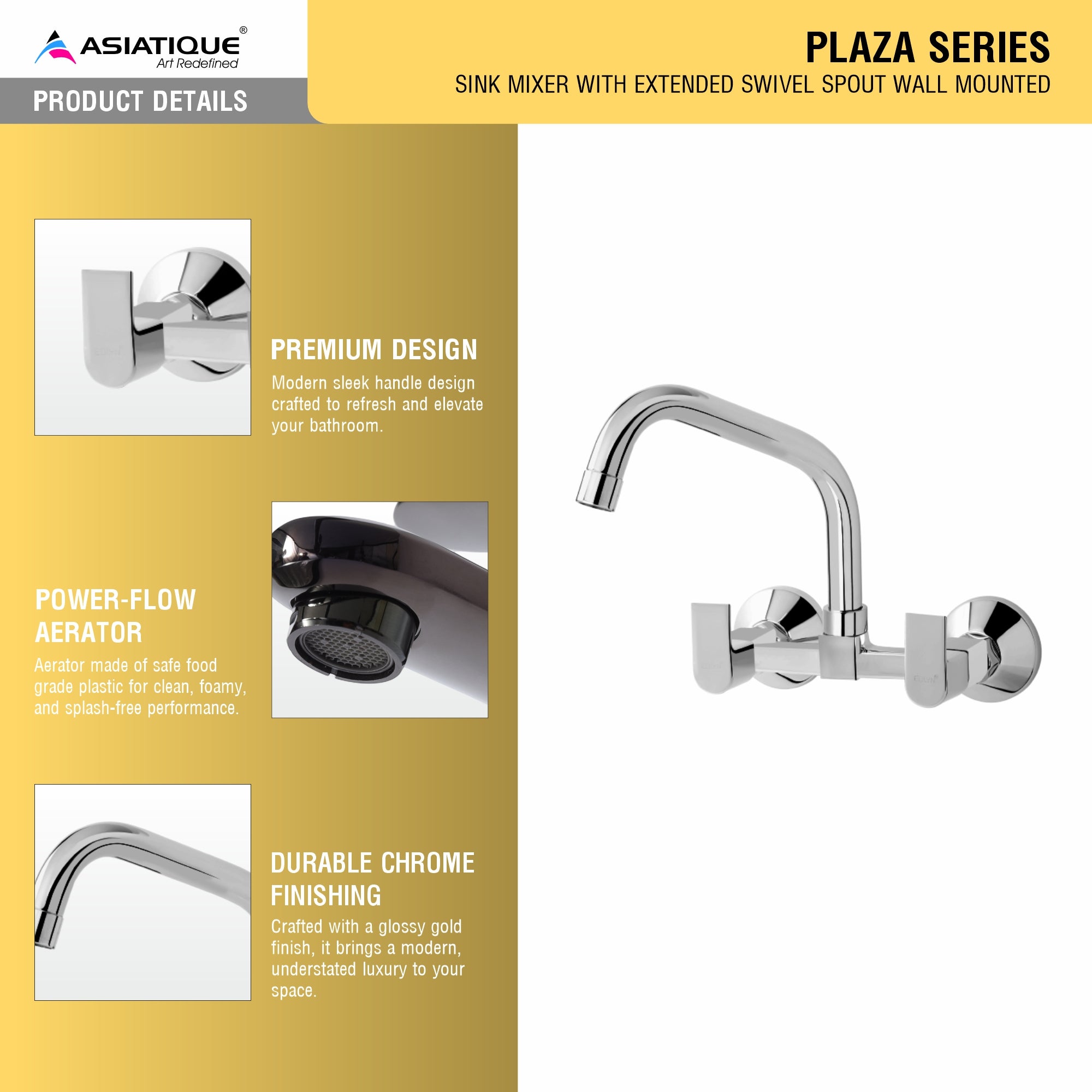 Asiatique Sink Mixer With Extended Swivel Spout Wall Mounted (PL-013EX), Plaza Series Bathroom Faucets & Mixers | Premium Brass Tap Collection