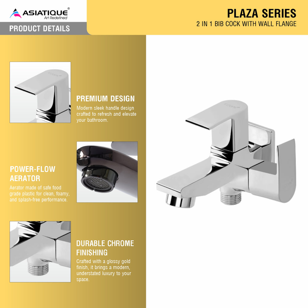 Asiatique 2 in 1 Bib Cock With Wall Flange (PL-015), Plaza Series Bathroom Faucets & Mixers | Premium Brass Tap Collection
