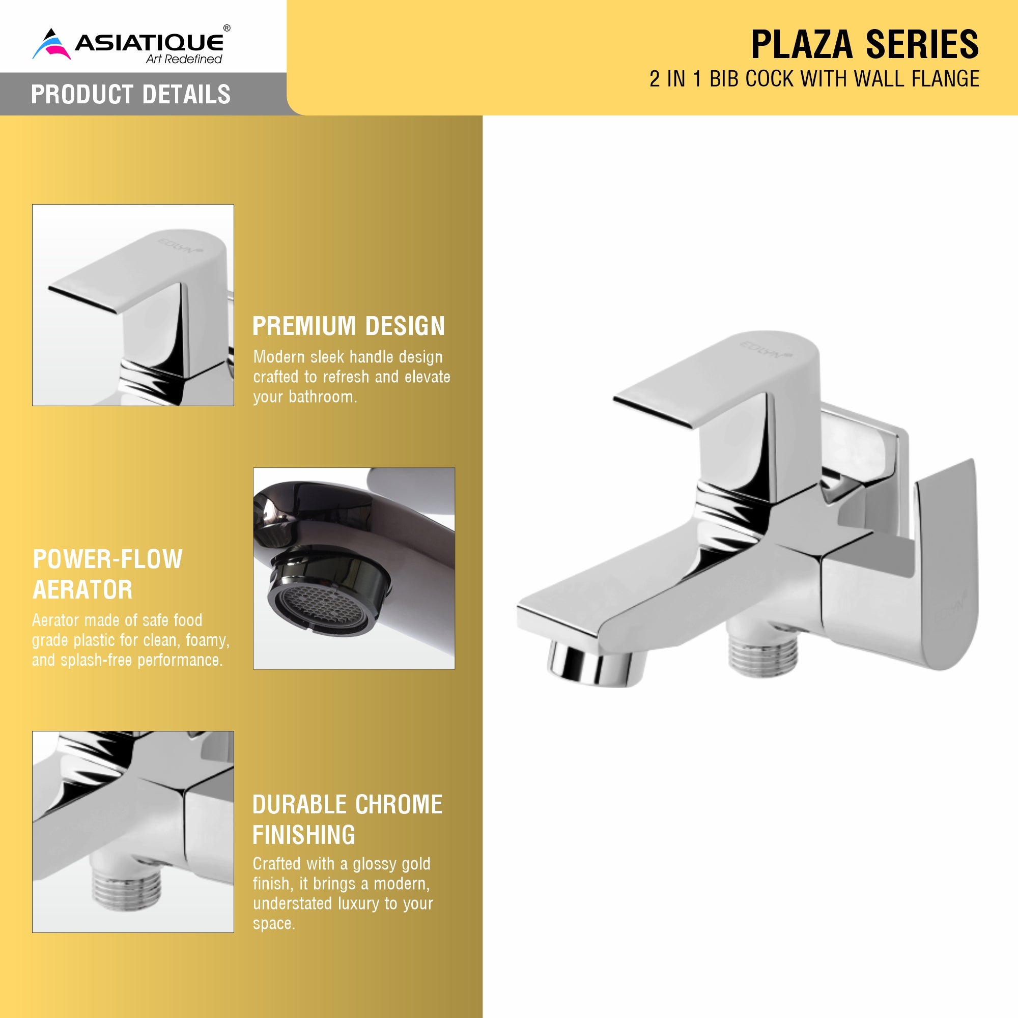Asiatique 2 in 1 Bib Cock With Wall Flange (PL-015), Plaza Series Bathroom Faucets & Mixers | Premium Brass Tap Collection