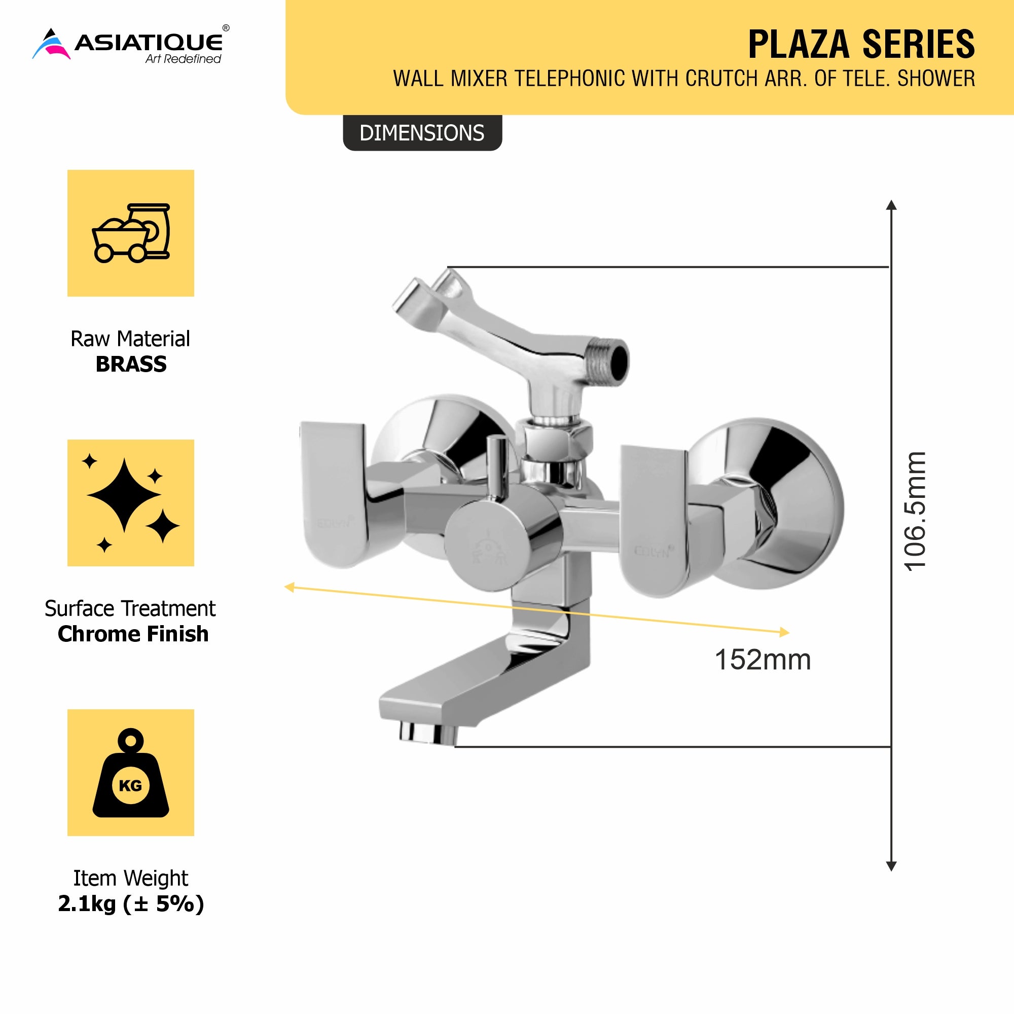 Asiatique Wall Mixer Telephonic With Crutch Arr. of Tele. Shower (PL-016), Plaza Series Bathroom Faucets & Mixers | Premium Brass Tap Collection